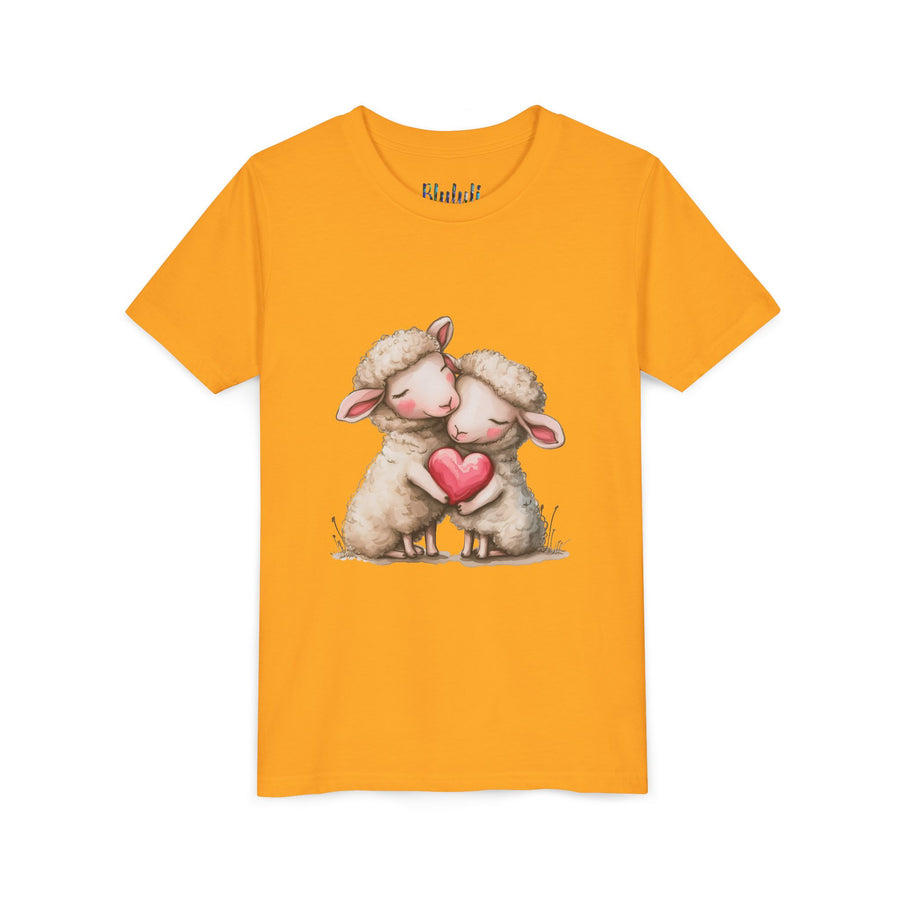 Youth Tee - Cartoon Sheeps Hugging Heart, Cute and Lovely Design