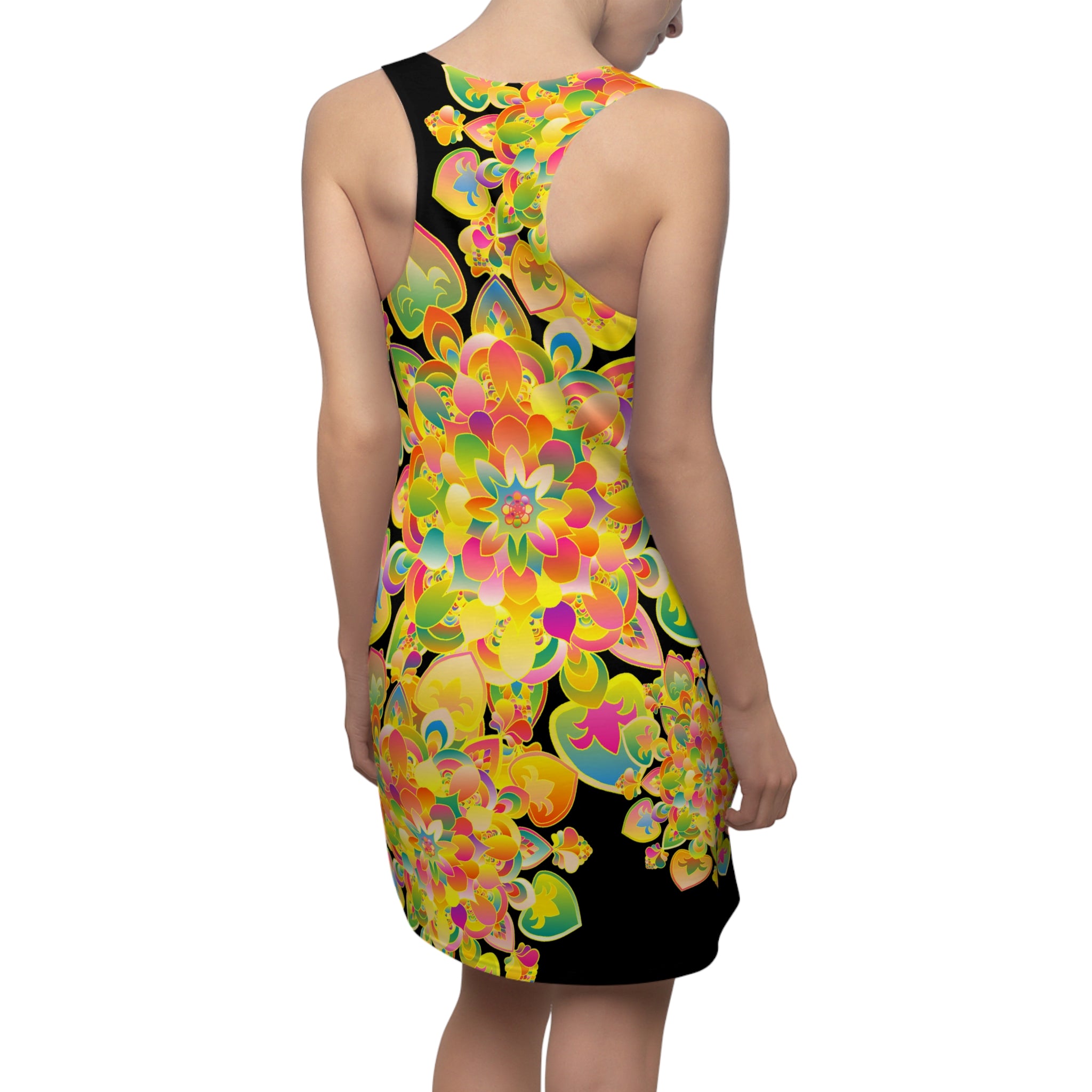 Abito con schiena incrociata Floral Radiance — Stampa integrale con mandala giallo vibrante