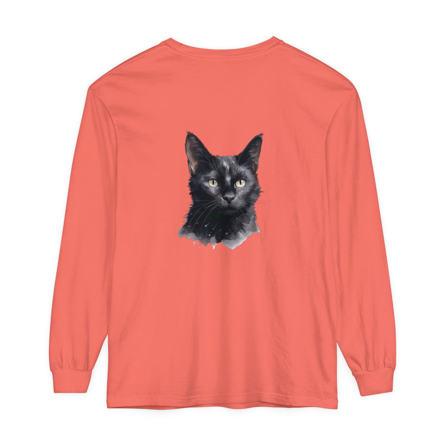 Black Cat Watercolor long sleeve t-shirt with unisex fit and vibrant design