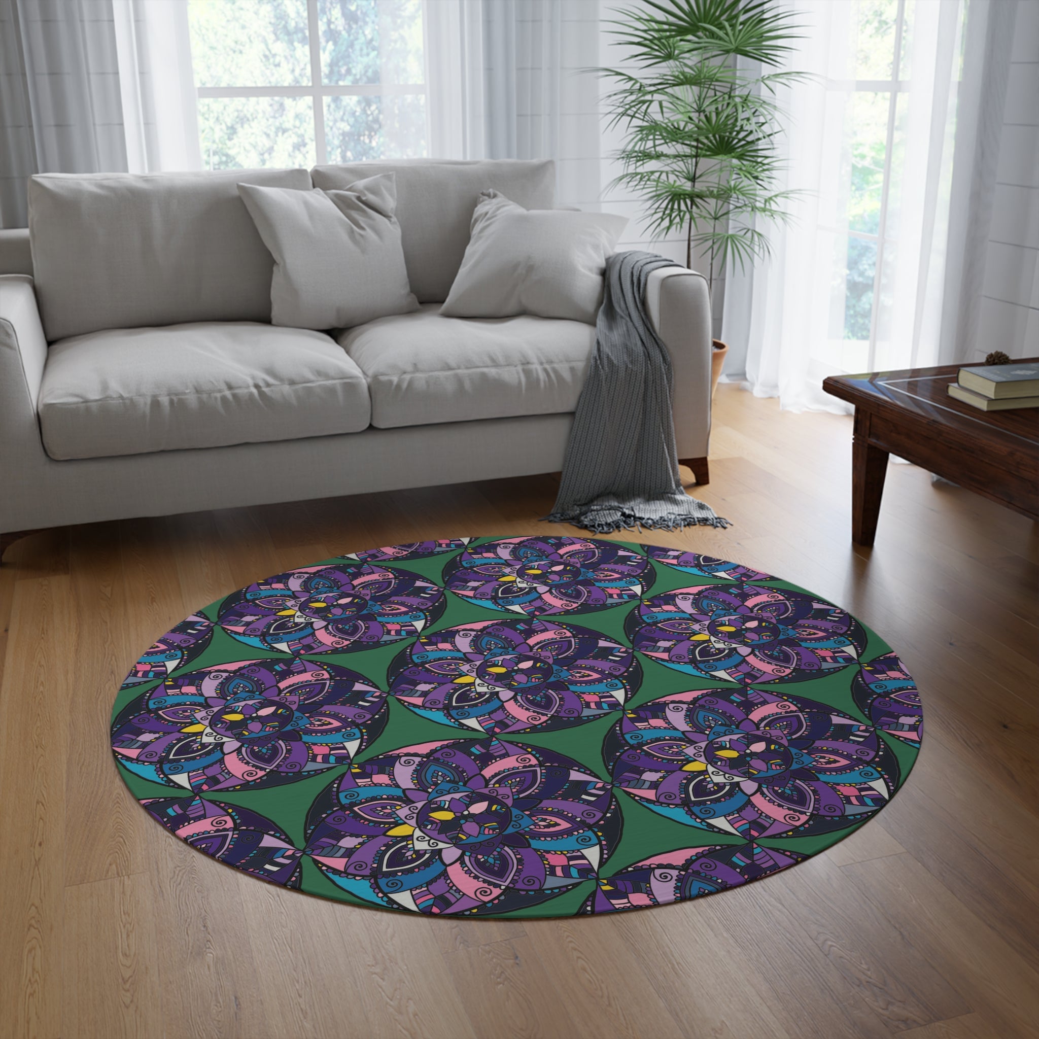 Boho Mandala Round Rug — Purple Teal Floral Decorative Floor Mat
