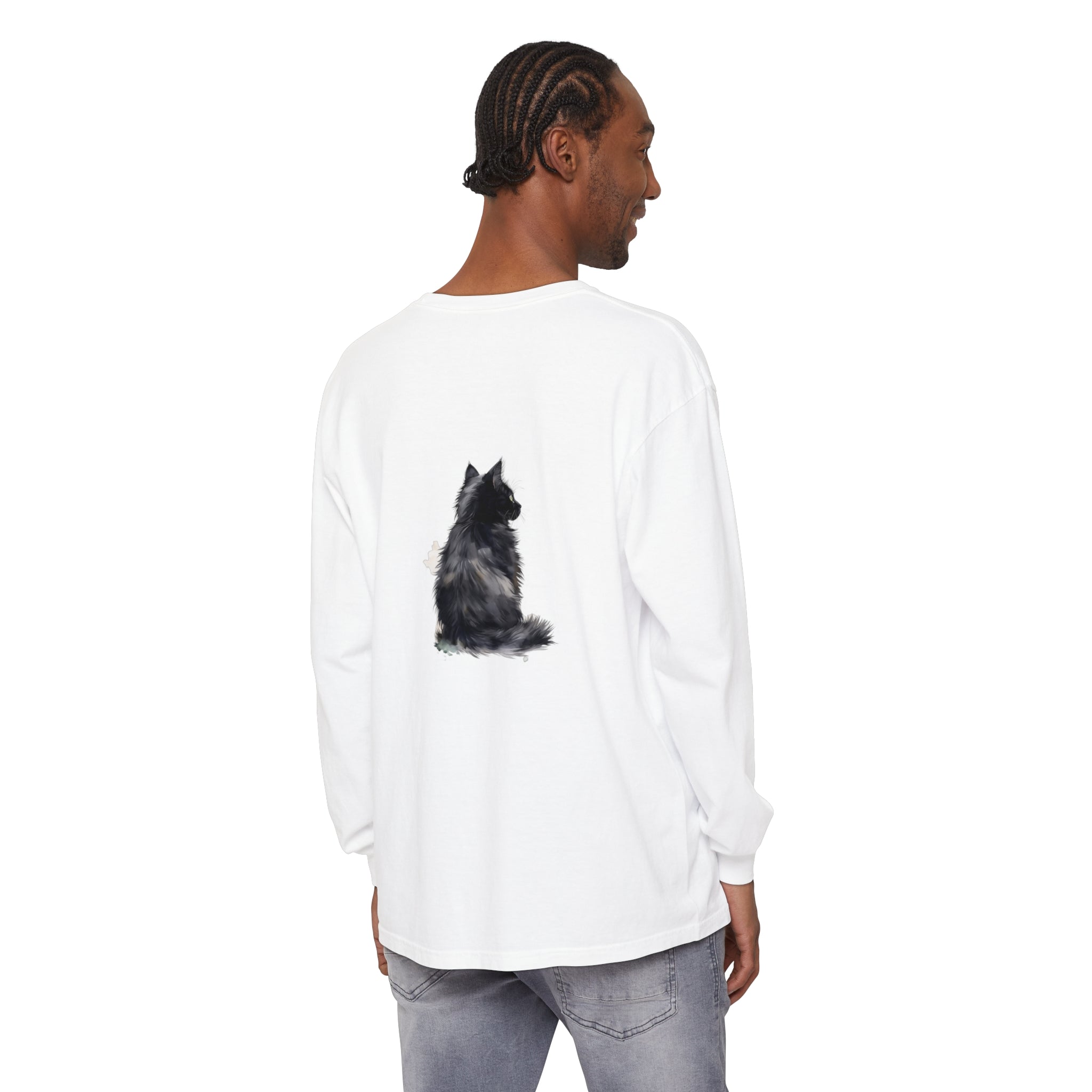 Black and white cat watercolor long sleeve t-shirt displayed on a mannequin