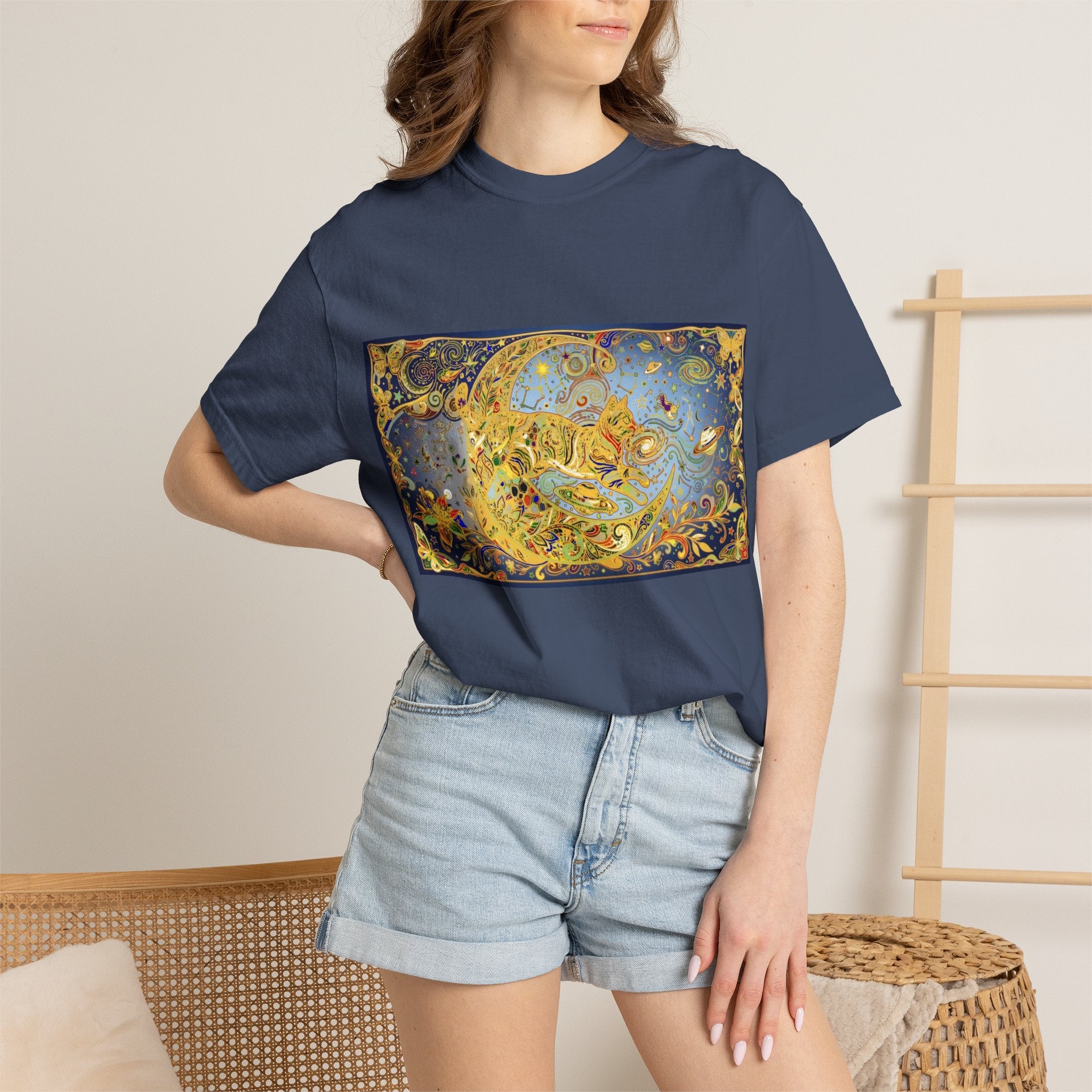 Crescent Cat & Moon T-Shirt — Vintage Celestial Tee