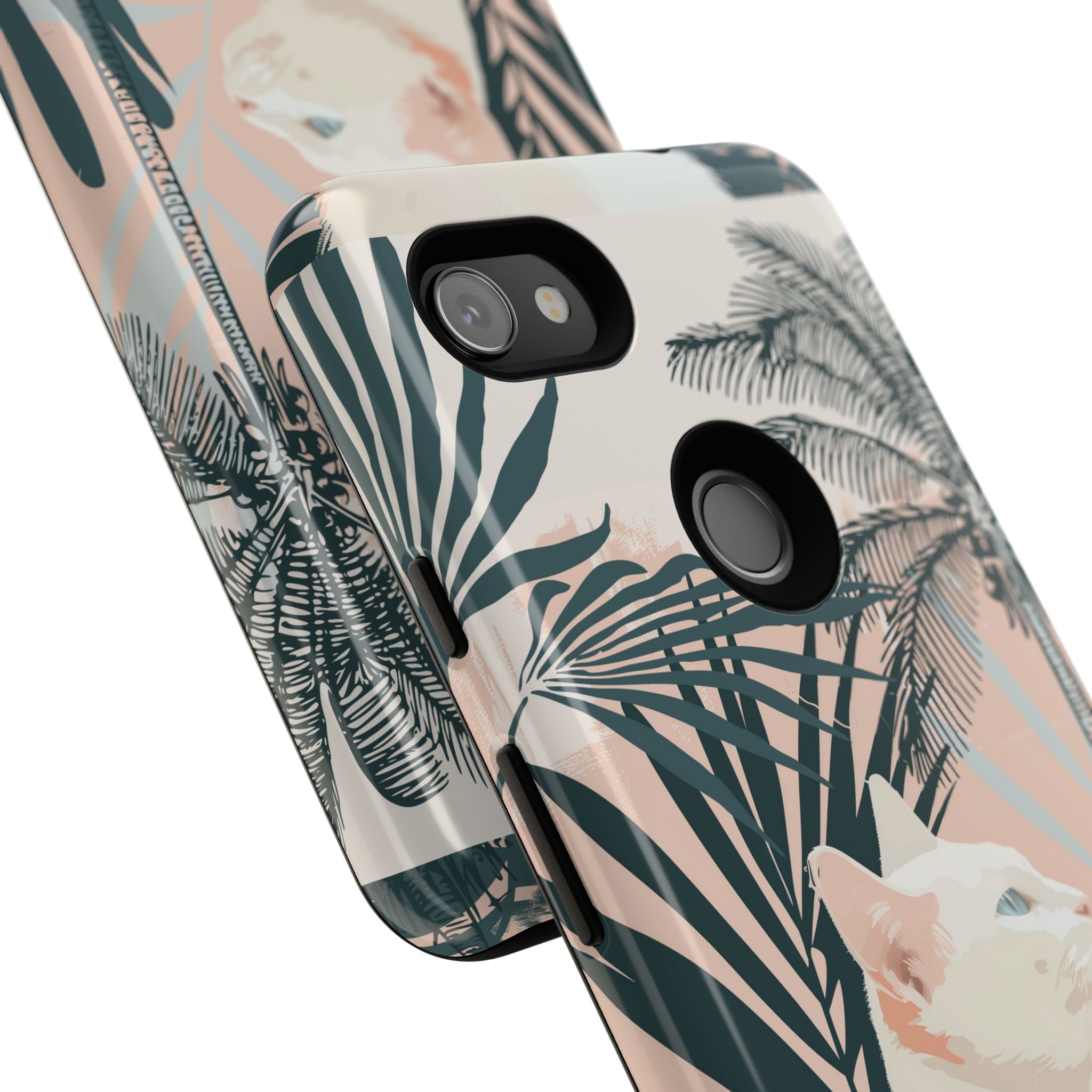 Tropical Cat Phone Case with Lush Palm Motifs and Soft Pastels