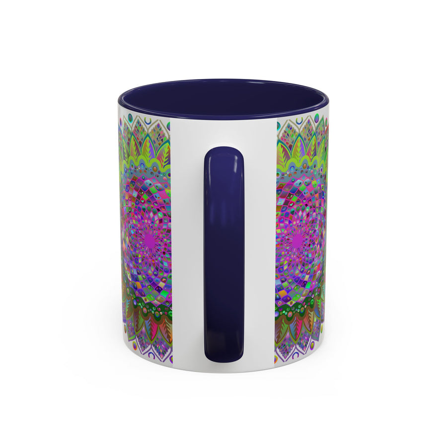 Colorful psychedelic mandala design on a ceramic mug against a grey background