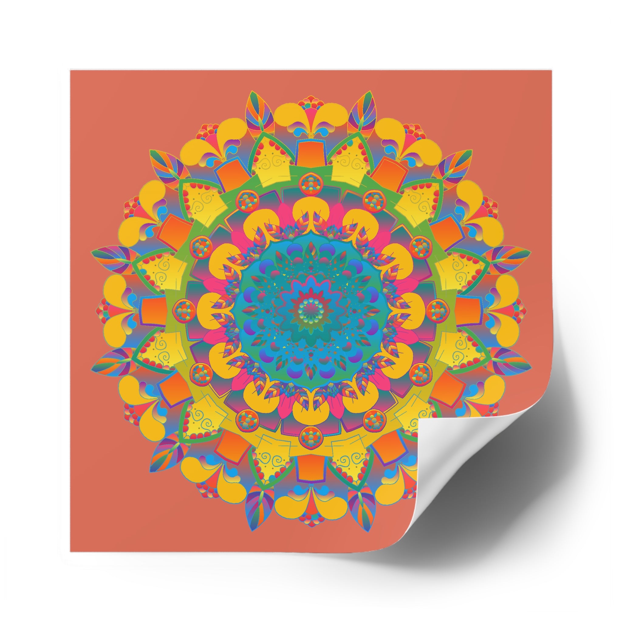 Handgezeichnete Mandala-Laminieraufkleber – Gold, Rot und Grün auf Terrakotta