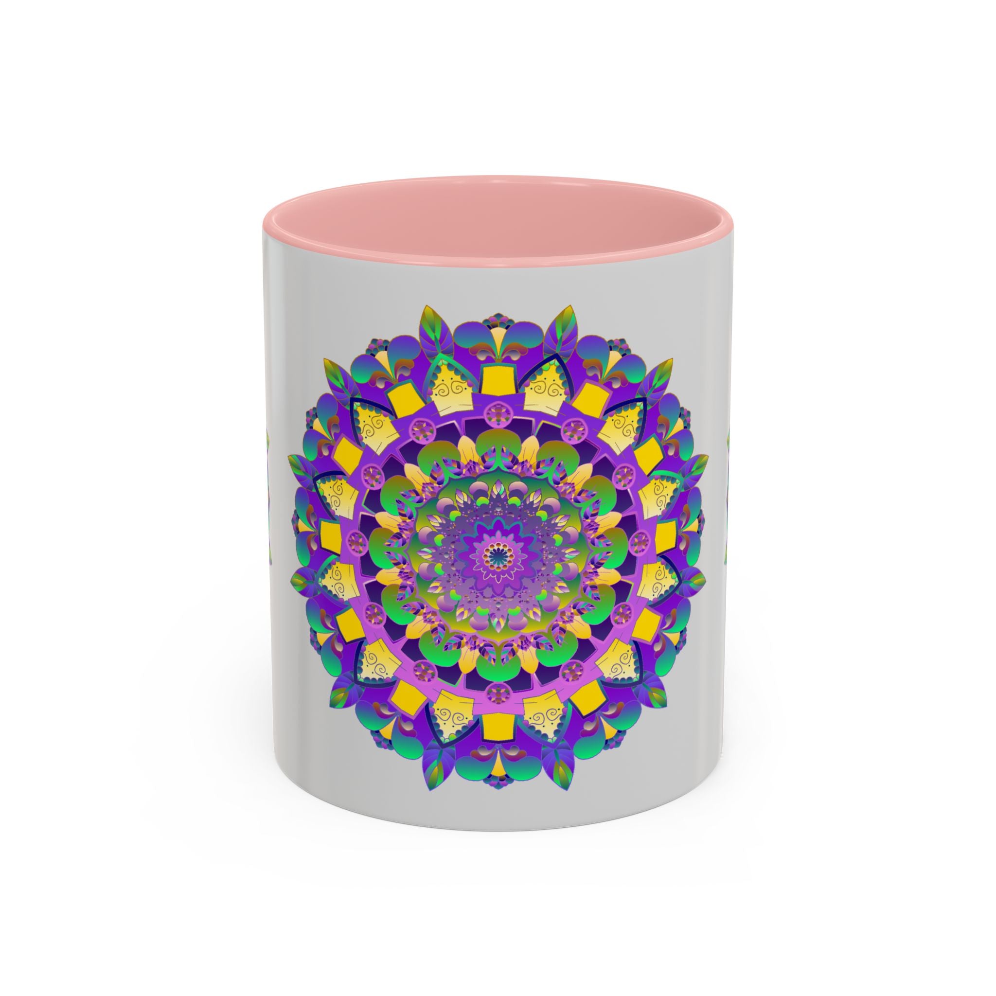 A close-up image of a ceramic mug with a purple and yellow mandala art design, perfect for enjoying your favorite hot beverage