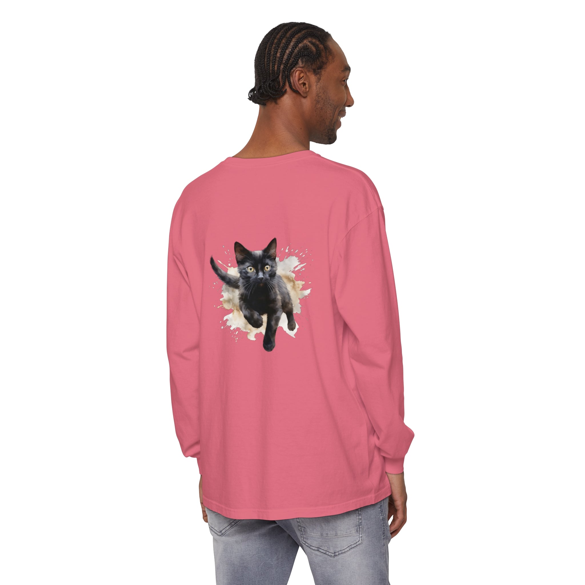Black Cat Watercolor Splash T-Shirt featuring a playful and modern watercolor cat illustration