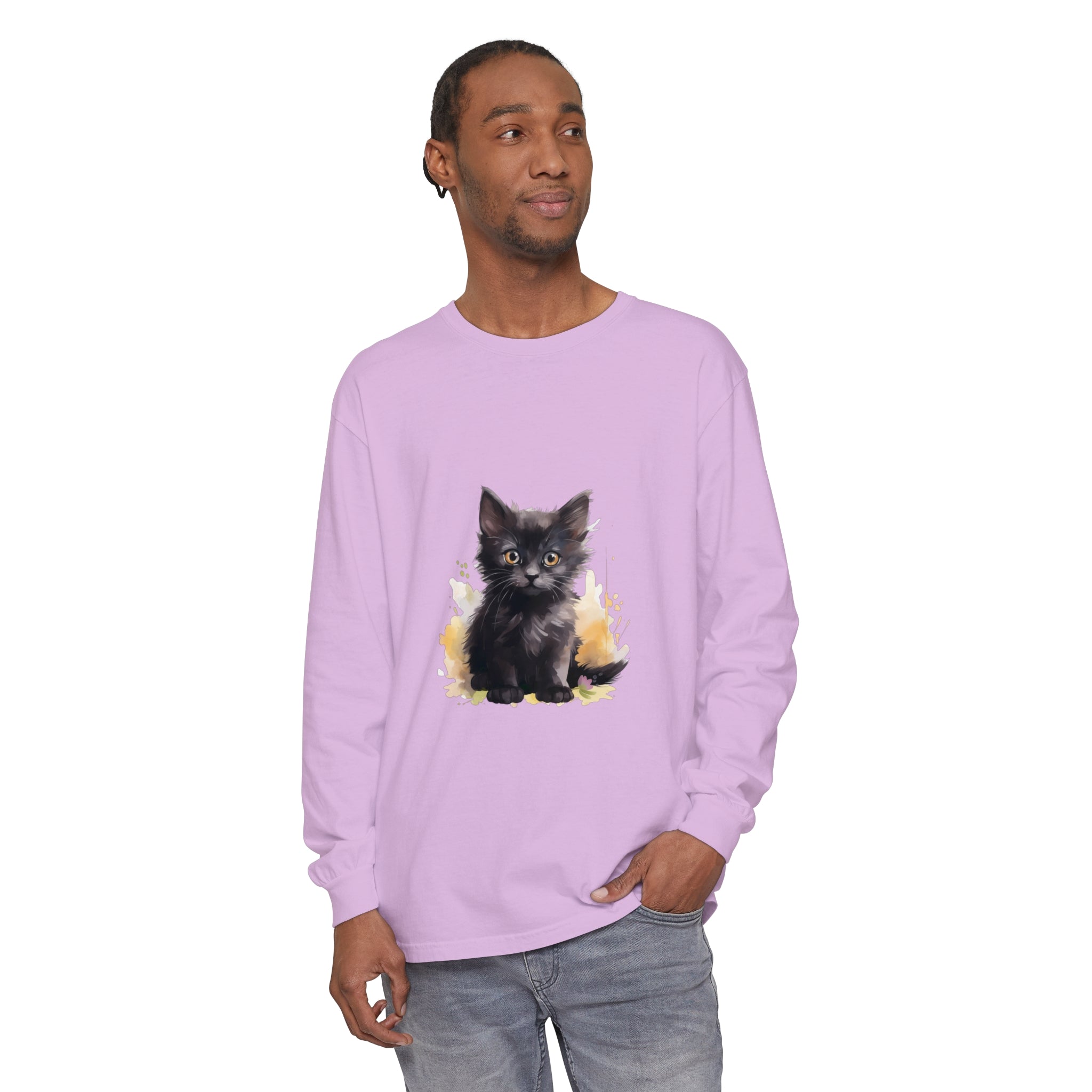 Black t-shirt with watercolor splash design featuring an adorable kitten