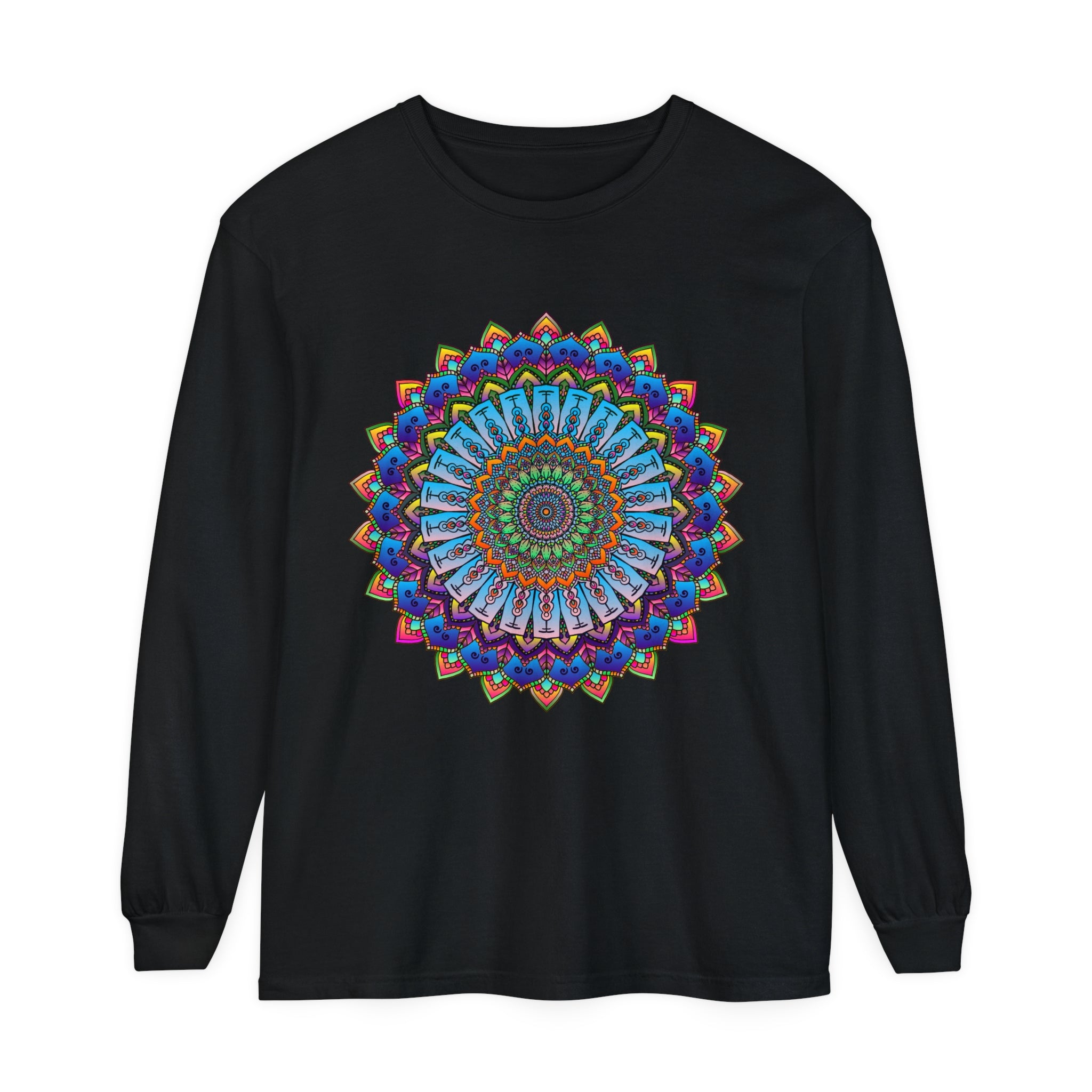 Vibrant Mandala Long Sleeve T-Shirt - Unisex in pipe-separated format:
Colorful mandala design on long sleeve unisex t-shirt