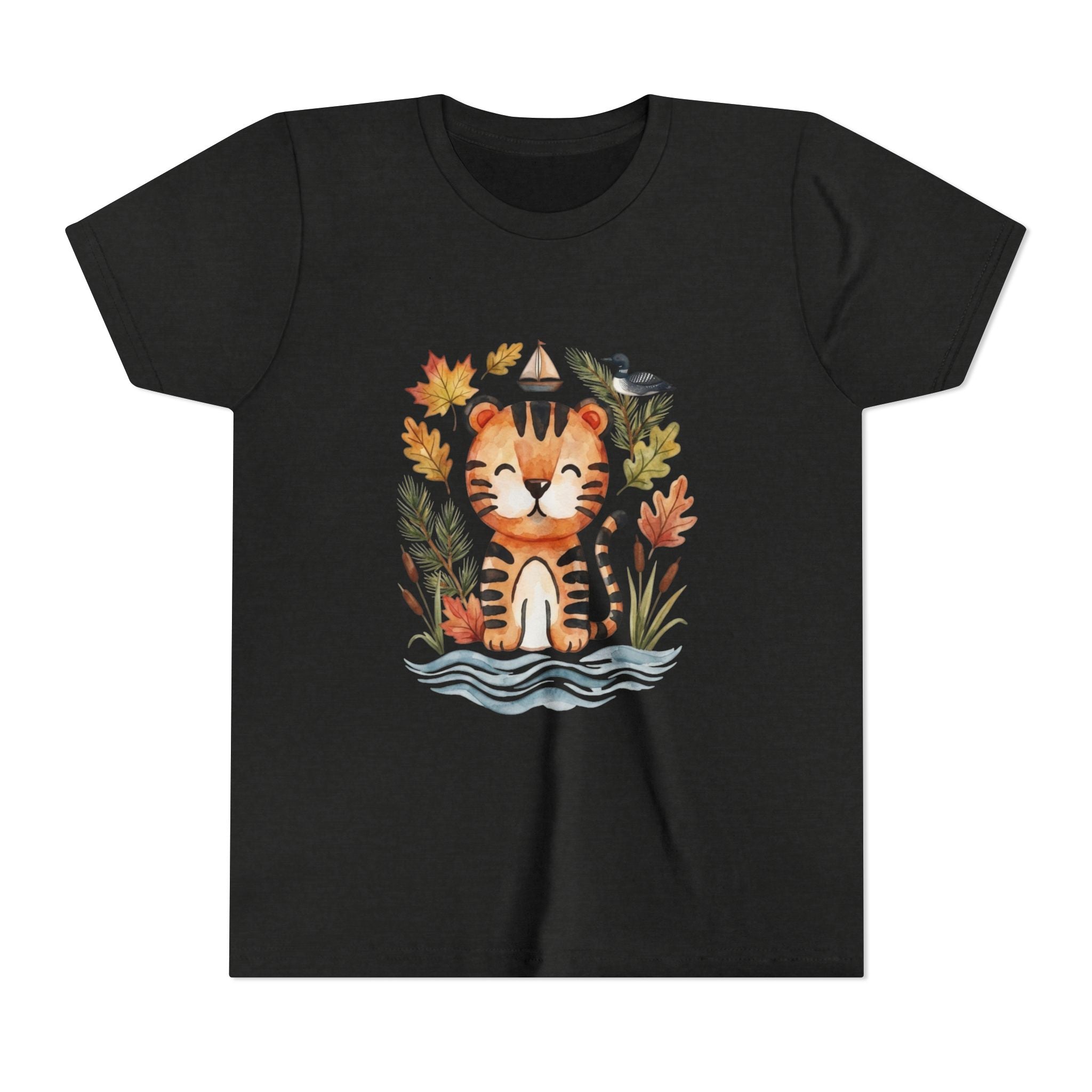 Kids Tiger Lake Ontario Tee — Watercolor Autumn Sailboat & Leaves Youth Short Sleeve Tee