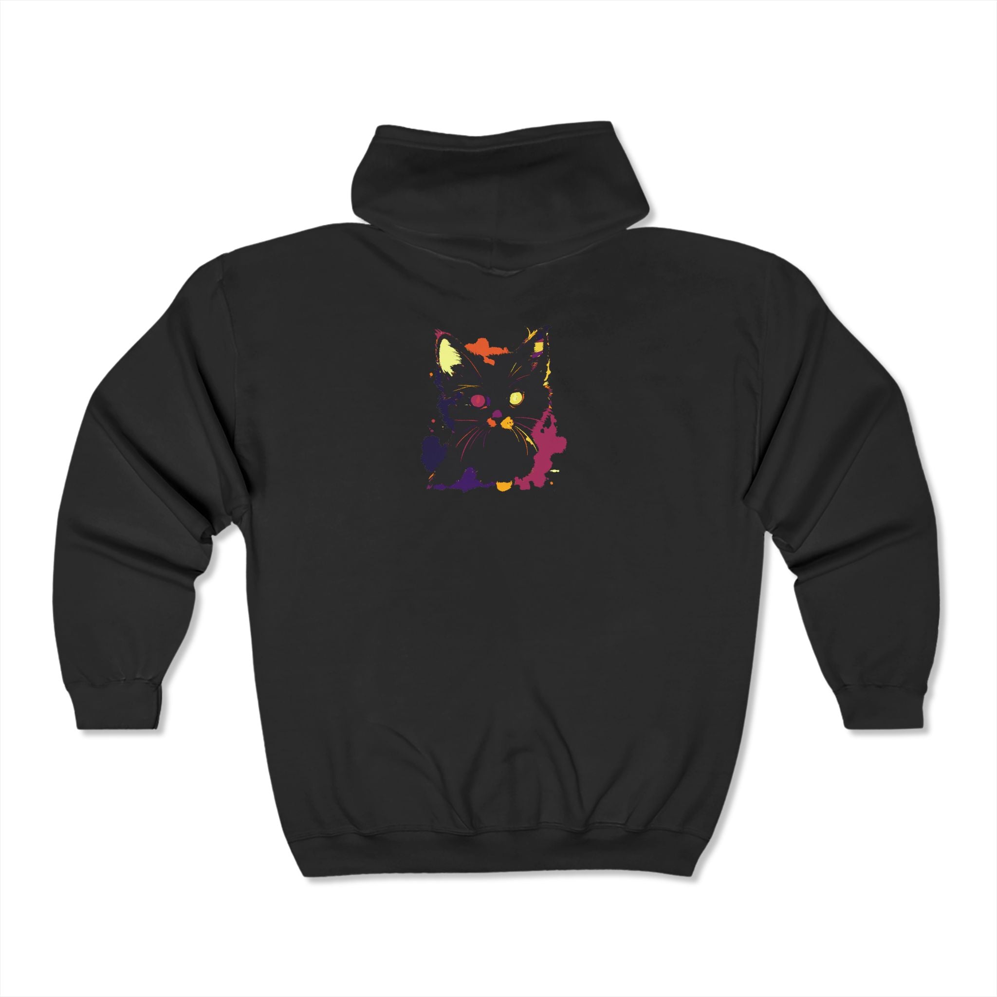 Vibrant black cat watercolor hoodie featuring a mystical and captivating design