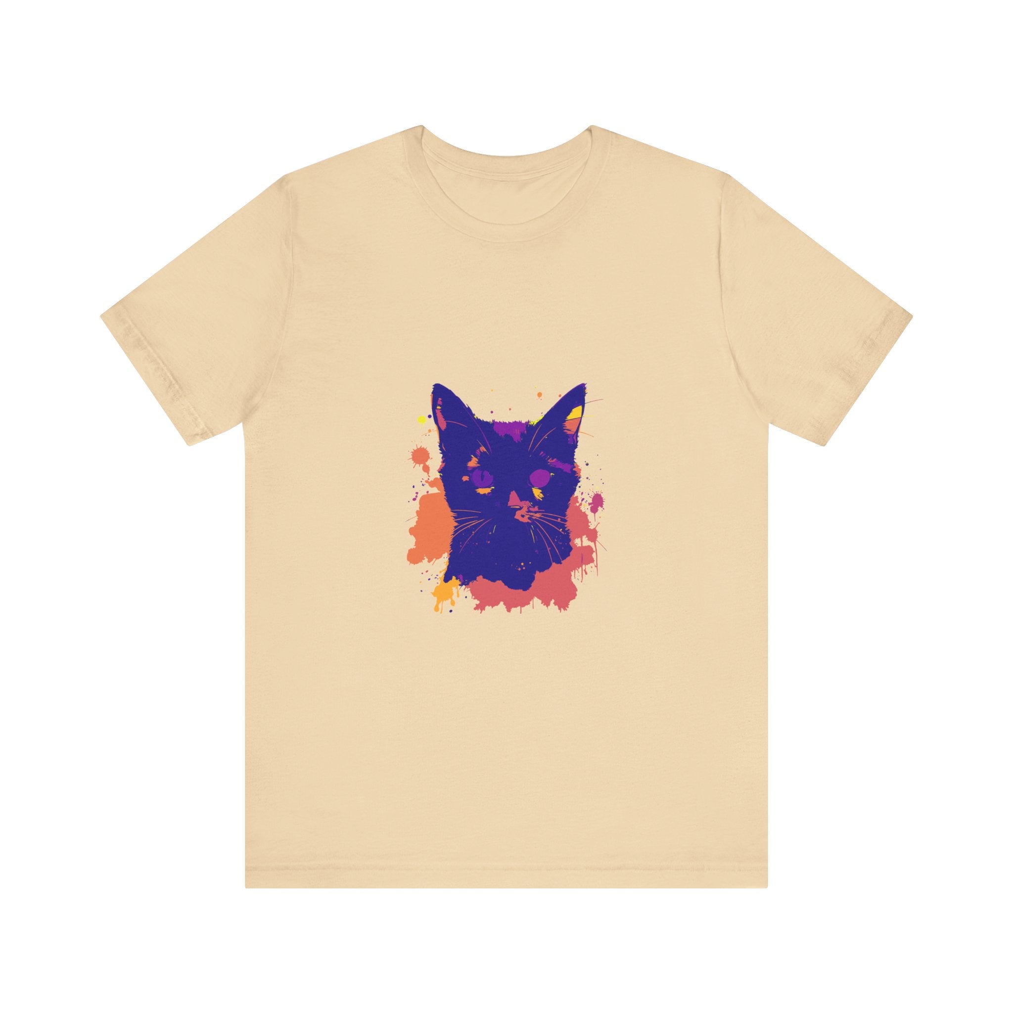 A stylish and eye-catching black cat mystery t-shirt with colorful splatter