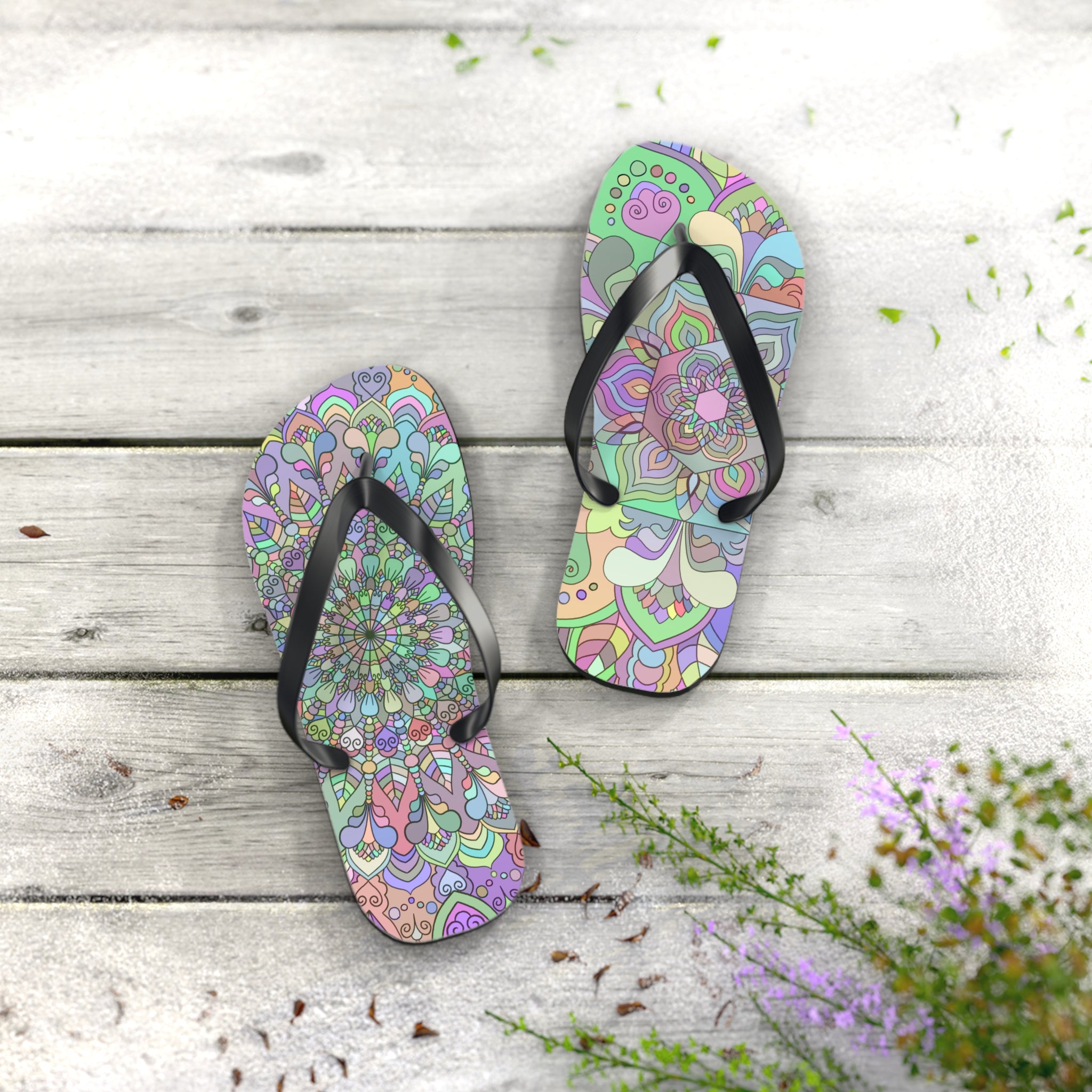 Hand-drawn mandala art flip flops perfect for casual summer outings