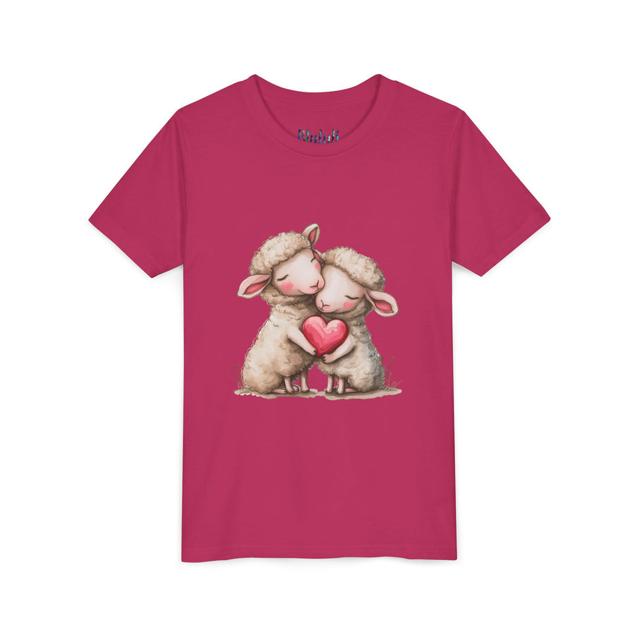 Youth Tee - Cartoon Sheeps Hugging Heart, Cute and Lovely Design