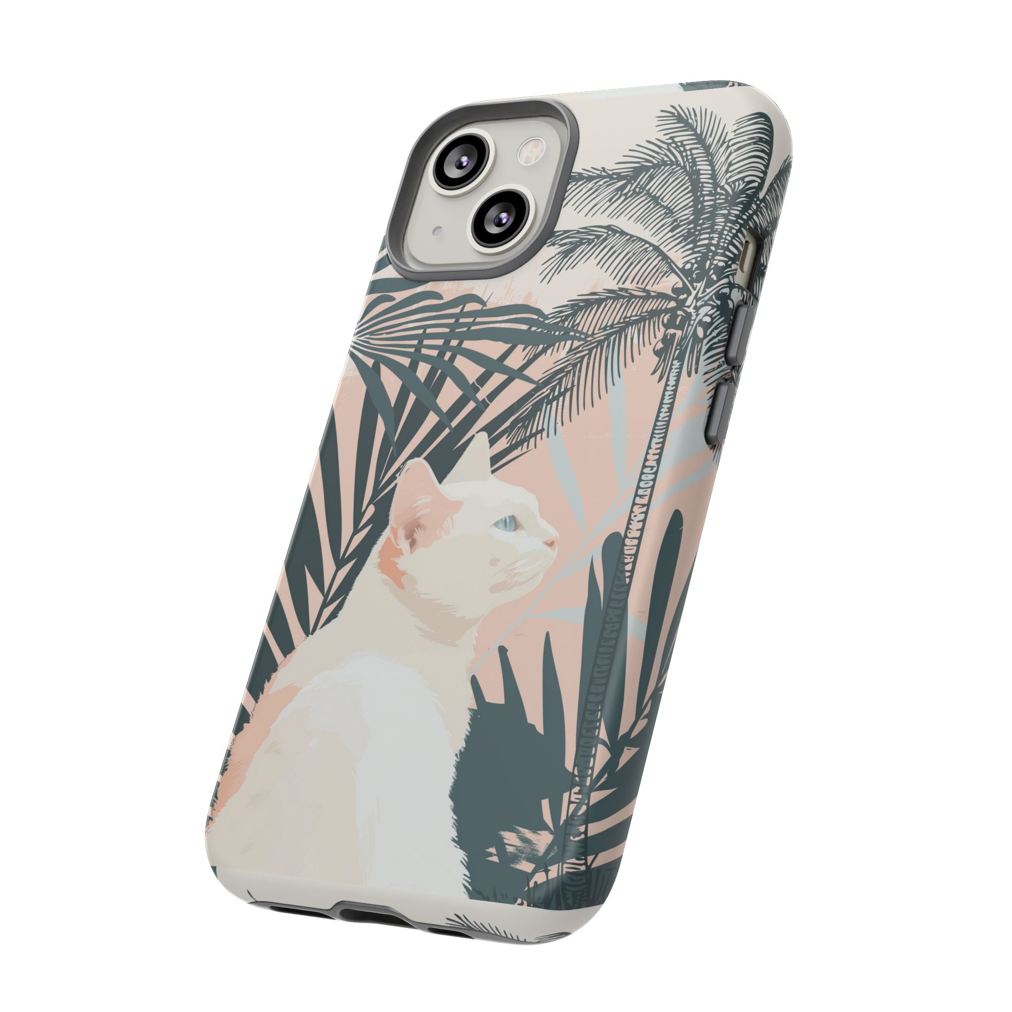 Tropical Cat Phone Case with Lush Palm Motifs and Soft Pastels