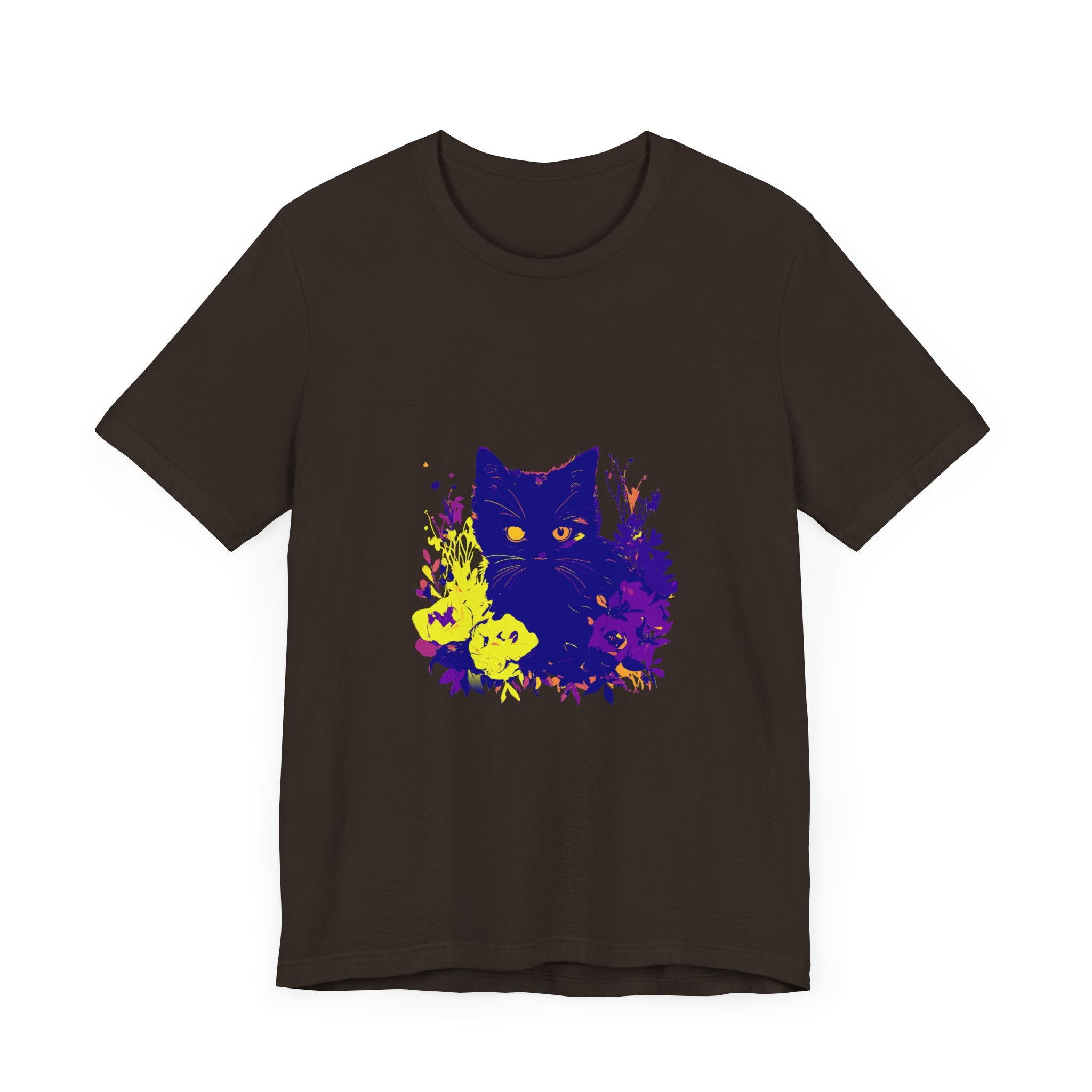 Black Cat Mystery Neon Flower T-Shirt: A vibrant, eye-catching graphic tee featuring a mysterious black cat and neon-colored flowers