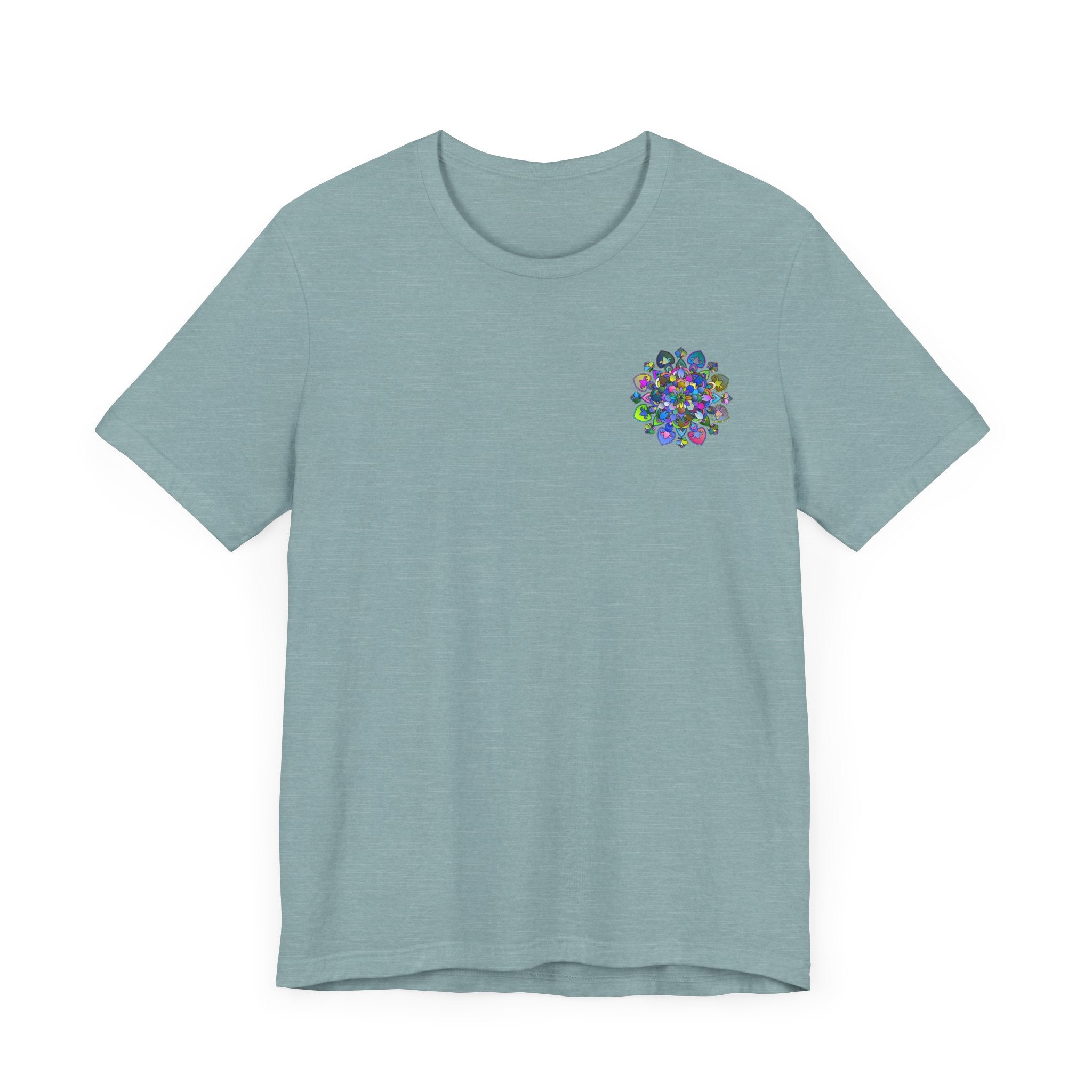 Blue and green mandala t-shirt for spiritual peace and harmony