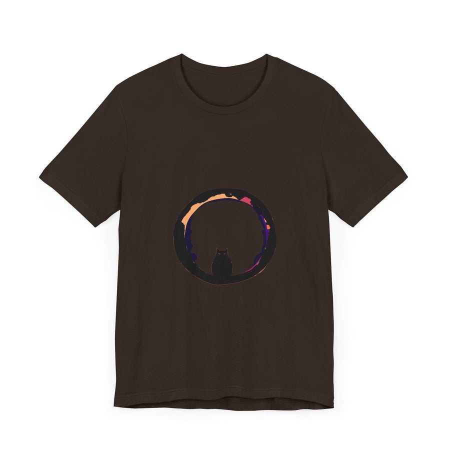 A spooky and stylish Black Cat Mystery Moon T-Shirt featuring a mysterious black cat against a full moon backdrop