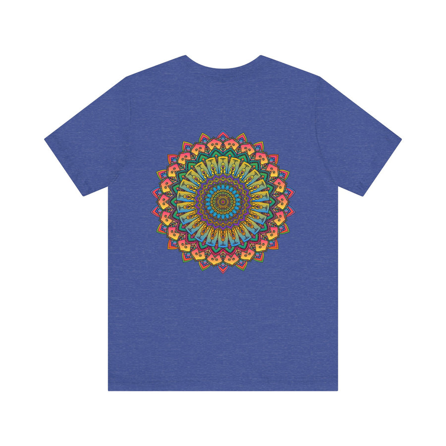 A colorful and intricate mandala design adorned on a t-shirt, promoting spiritual peace and harmony through vibrant and uplifting imagery