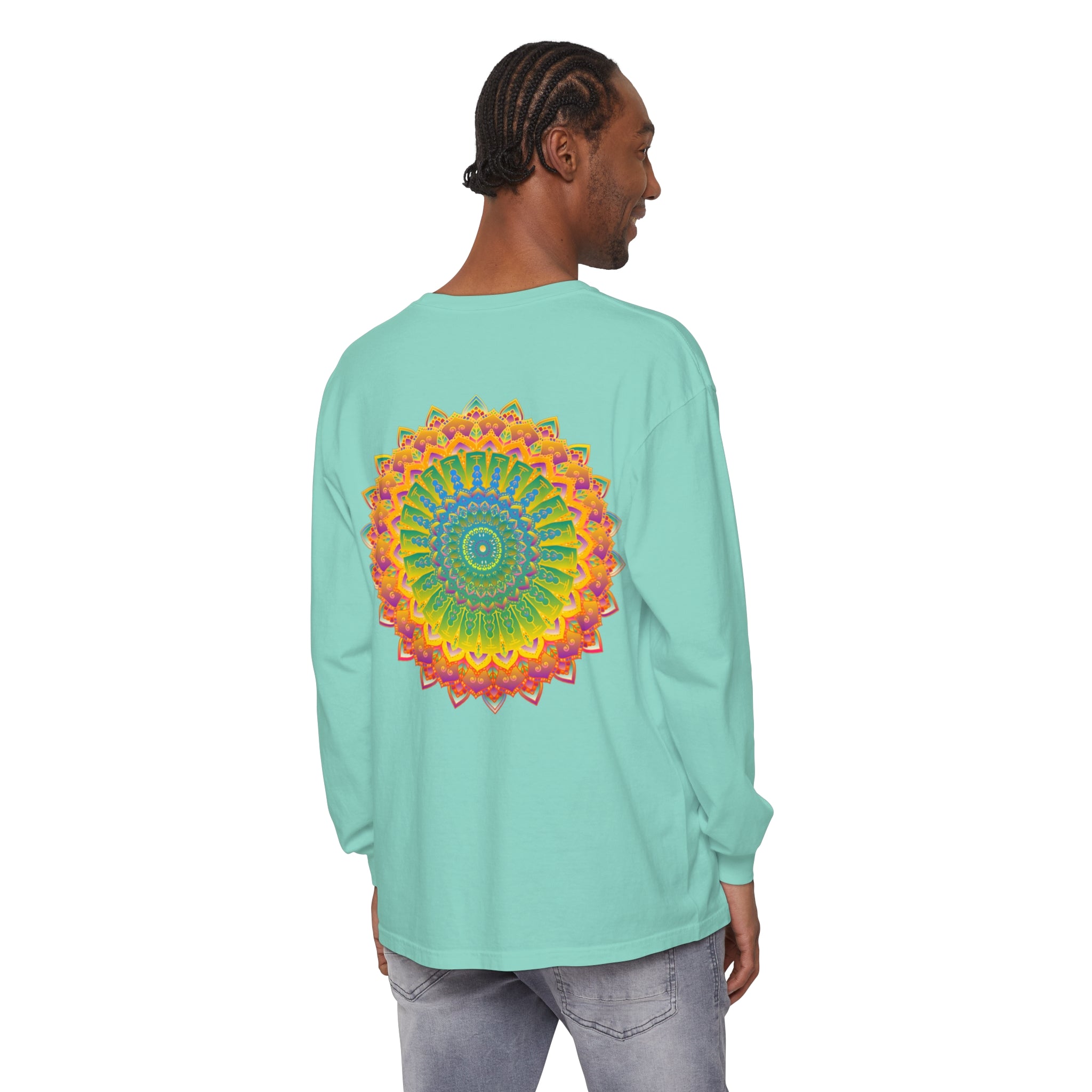 Intricate Mandala Unisex Long Sleeve T-Shirt featuring intricate mandala design in vibrant colors on black fabric