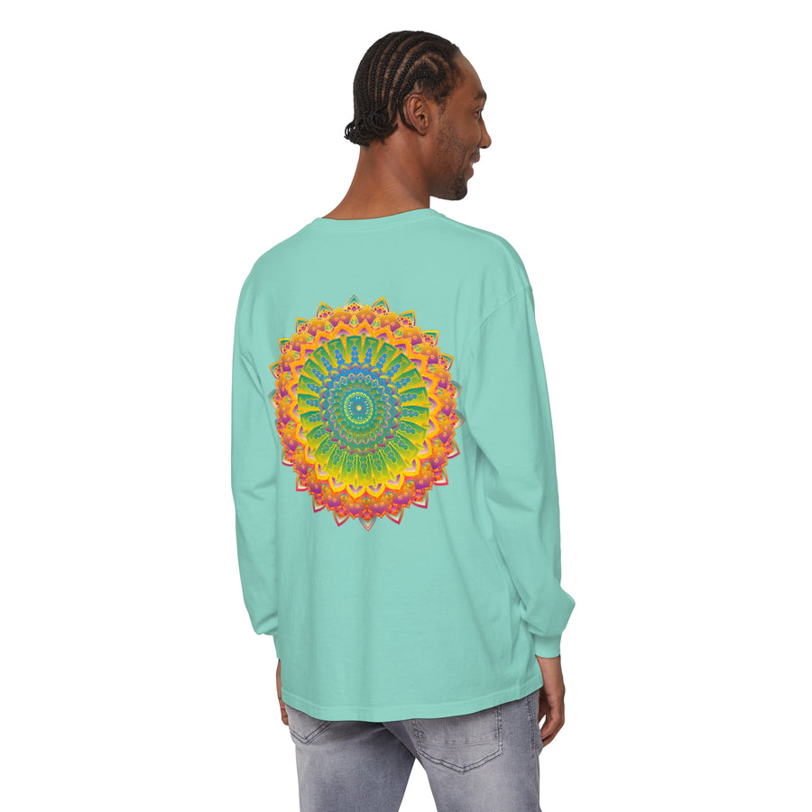 Intricate Mandala Unisex Long Sleeve T-Shirt featuring intricate mandala design in vibrant colors on black fabric