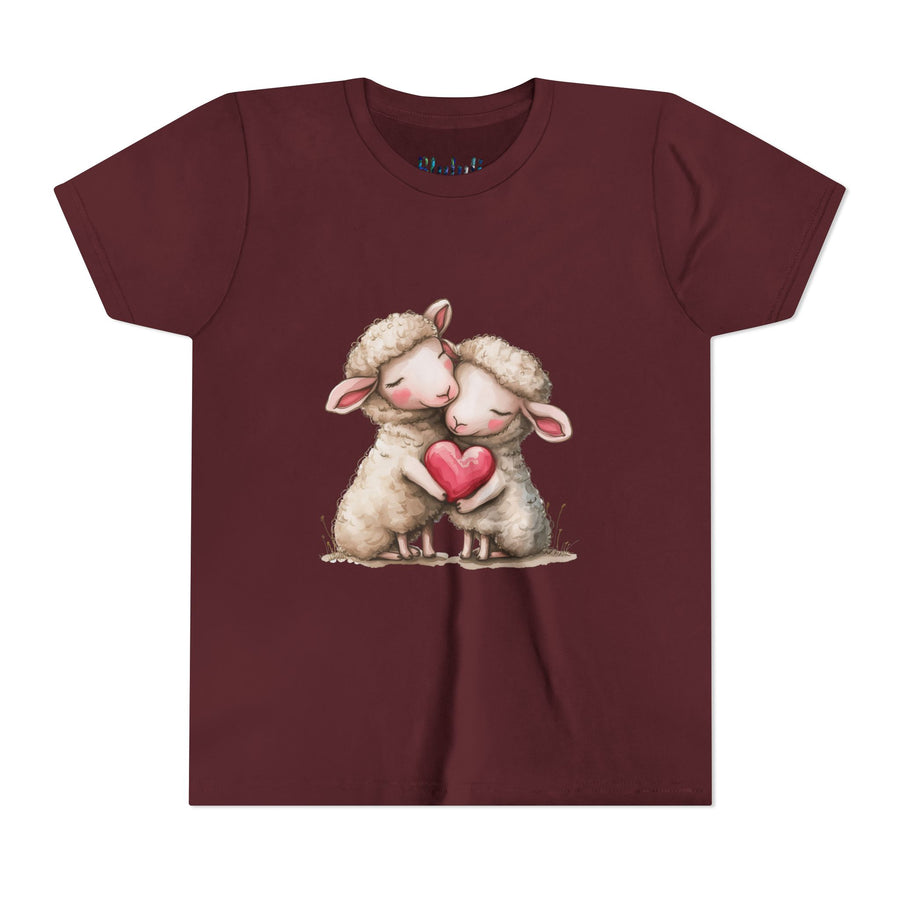 Youth Tee - Cartoon Sheeps Hugging Heart, Cute and Lovely Design