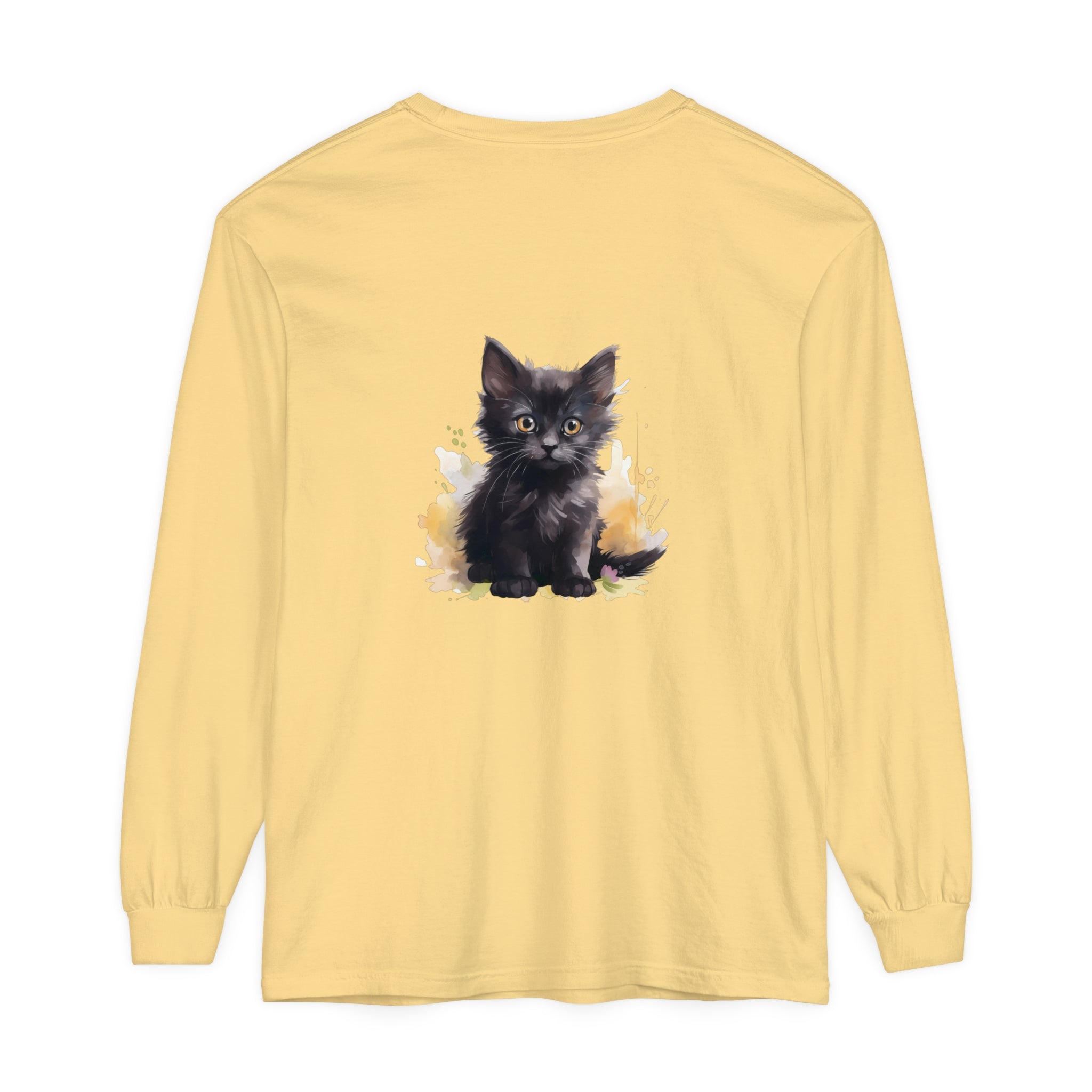 Black Kitten Watercolor Splash T-Shirt featuring a cute black kitten surrounded by colorful watercolor splashes, perfect for cat lovers and fans of unique, artistic apparel