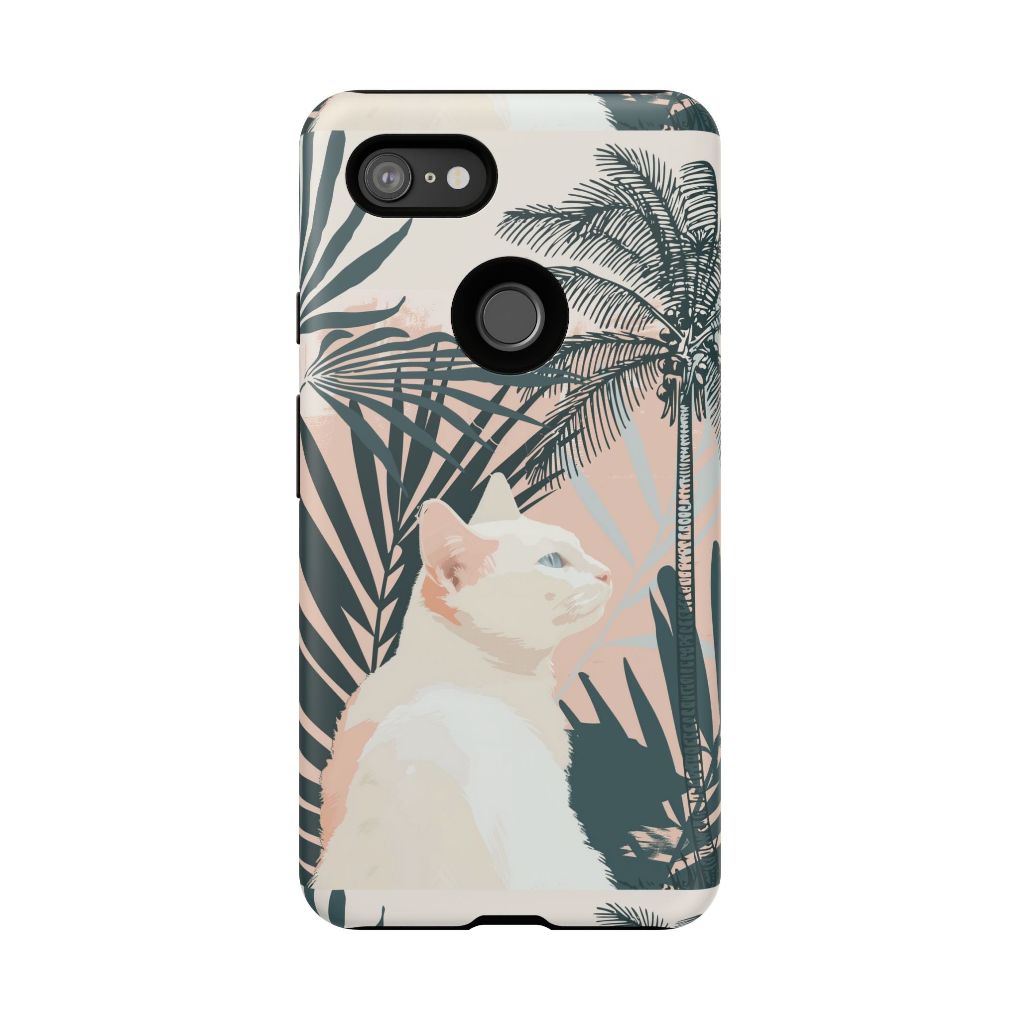 Tropical Cat Phone Case with Lush Palm Motifs and Soft Pastels