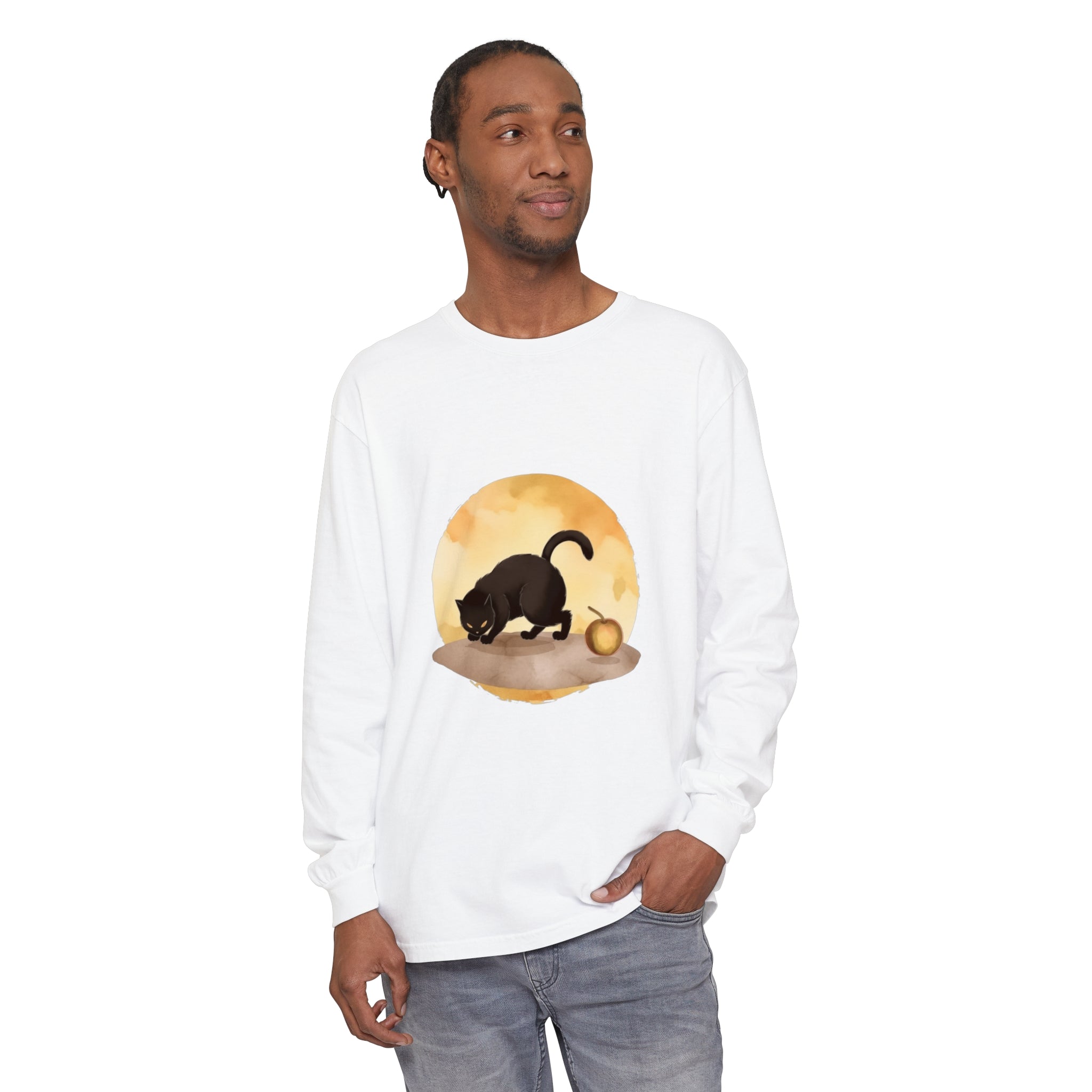 Black Cat Moonlit Mystery T-Shirt hanging on a hanger with dramatic lighting