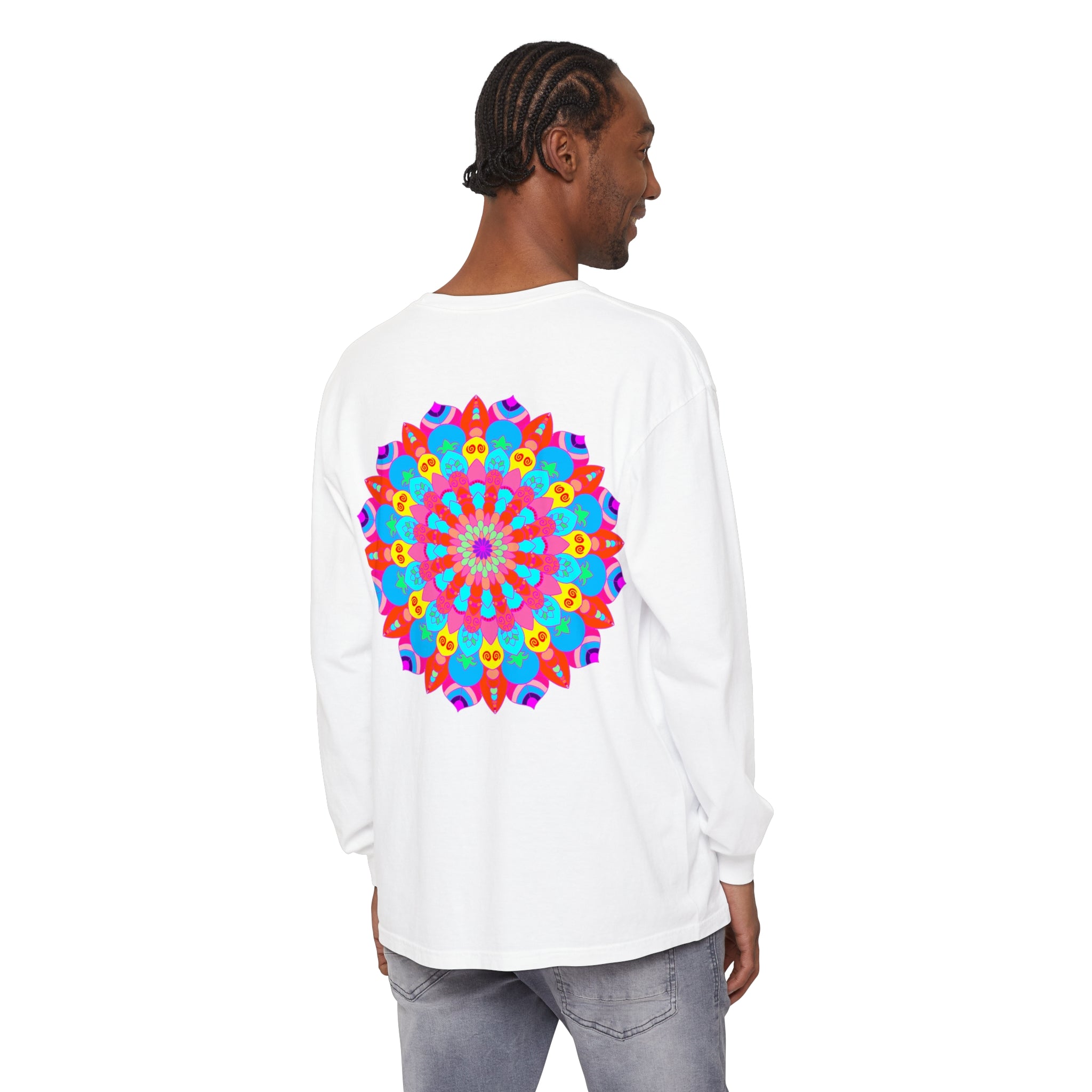 Colorful Mandala Unisex Long Sleeve T-Shirt featuring vibrant, intricate design and comfortable fit