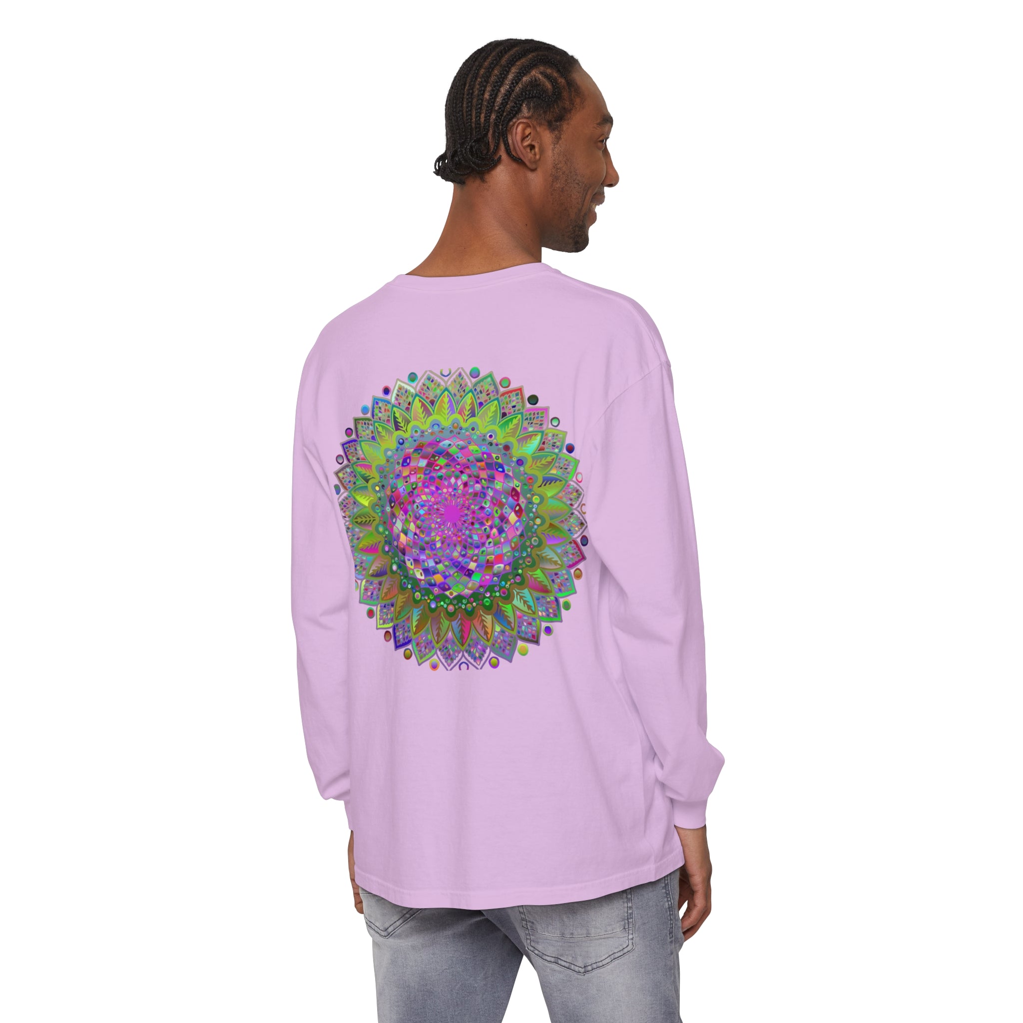 Stunning and colorful mandala pattern on a long sleeve t-shirt