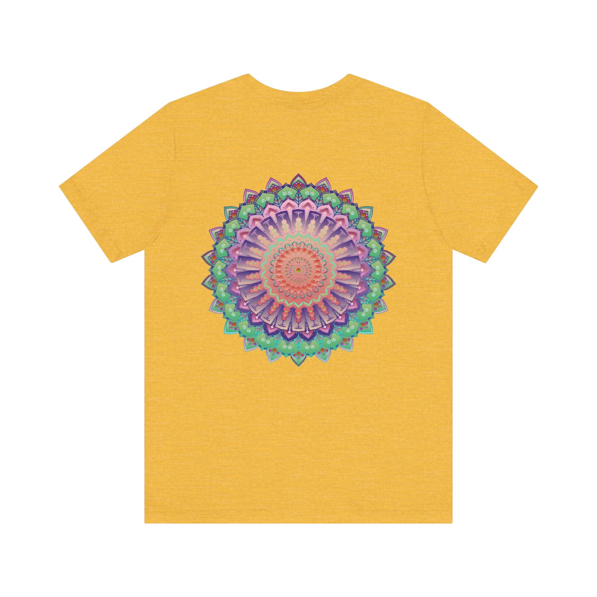 Colorful mandala tee with intricate spiritual design promoting peace and harmony