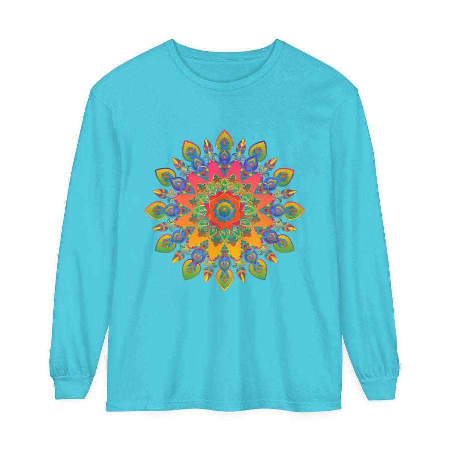 Colorful and intricate mandala design printed on a unisex long sleeve t-shirt