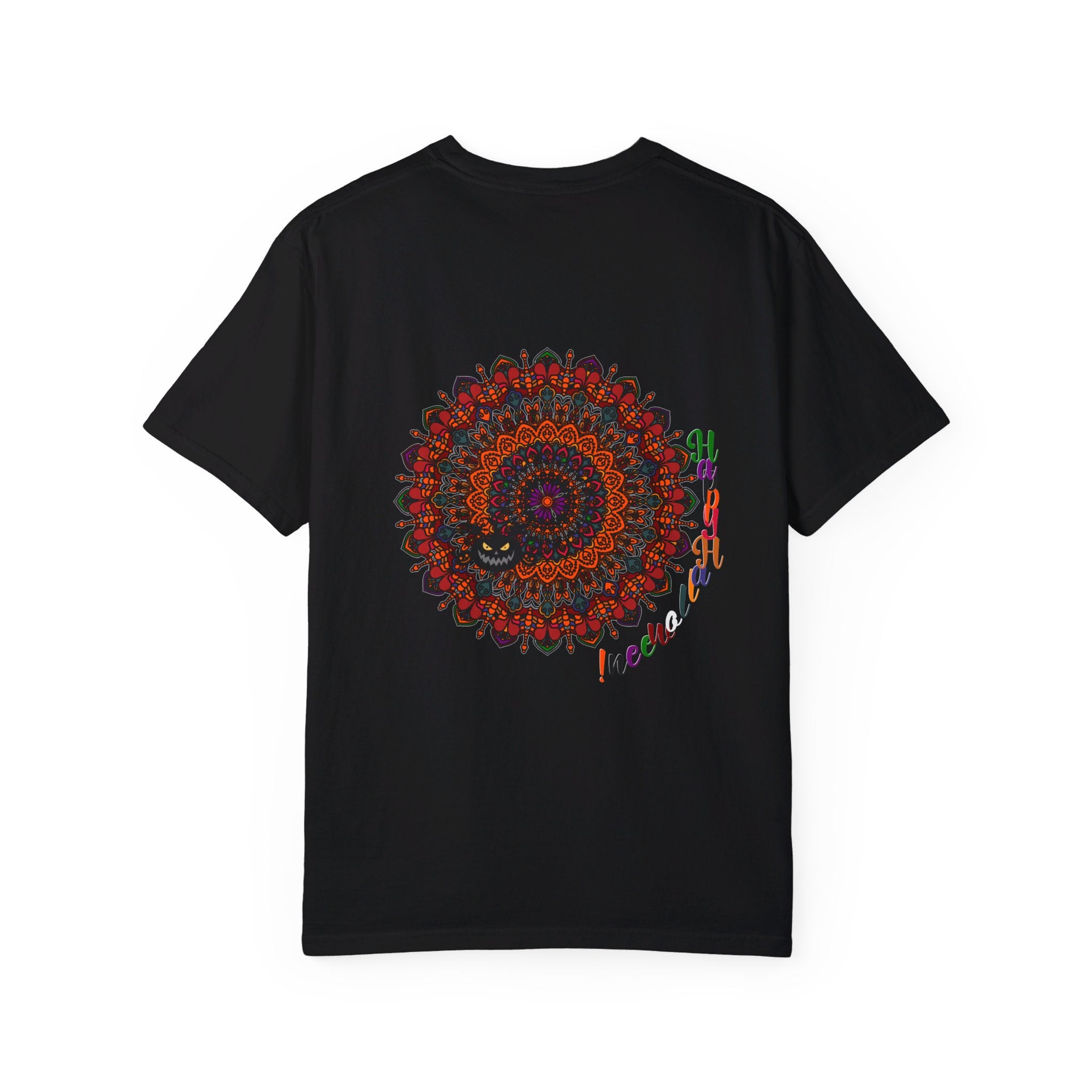 Handmade unisex Halloween Mandala T-shirt with intricate pumpkin mandala art, garment-dyed for a unique look