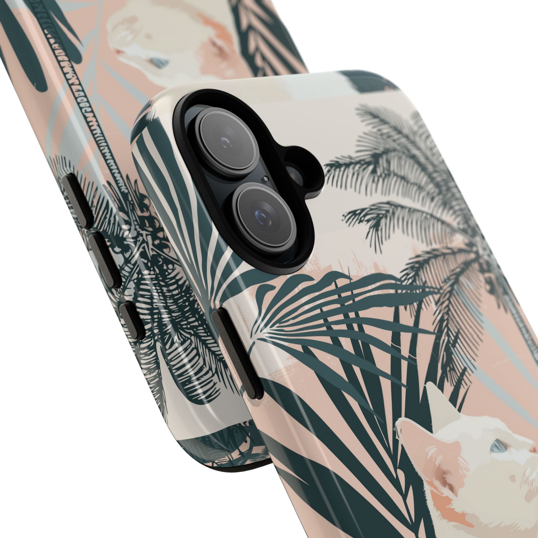 Tropical Cat Phone Case with Lush Palm Motifs and Soft Pastels