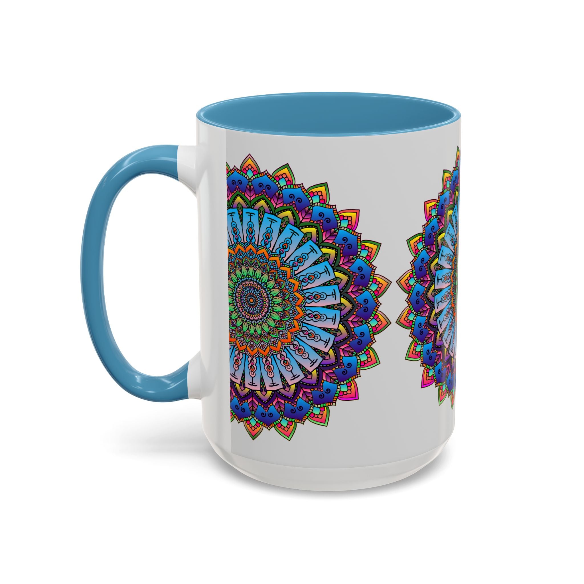 Grey mug featuring a stunning and colorful mandala art