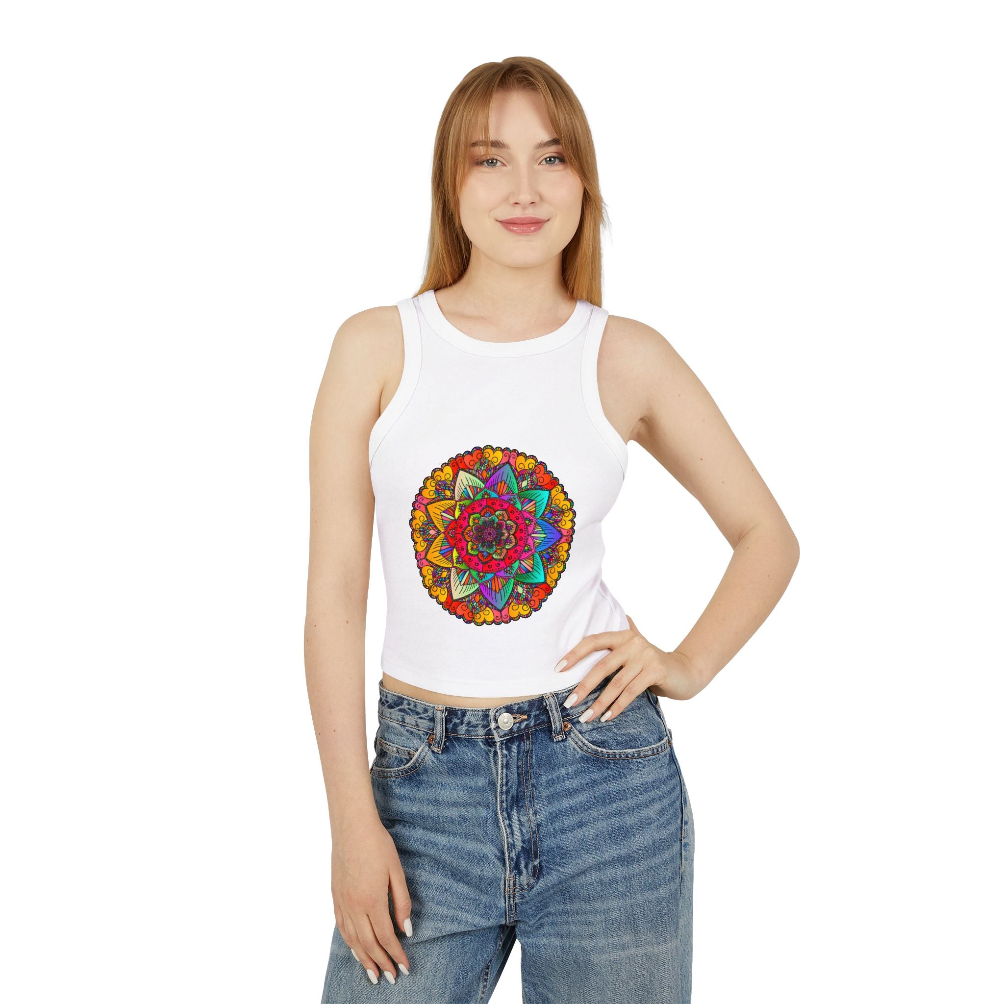 Woman wearing Vibrant Mandala Racerback Tank Top at a music concert