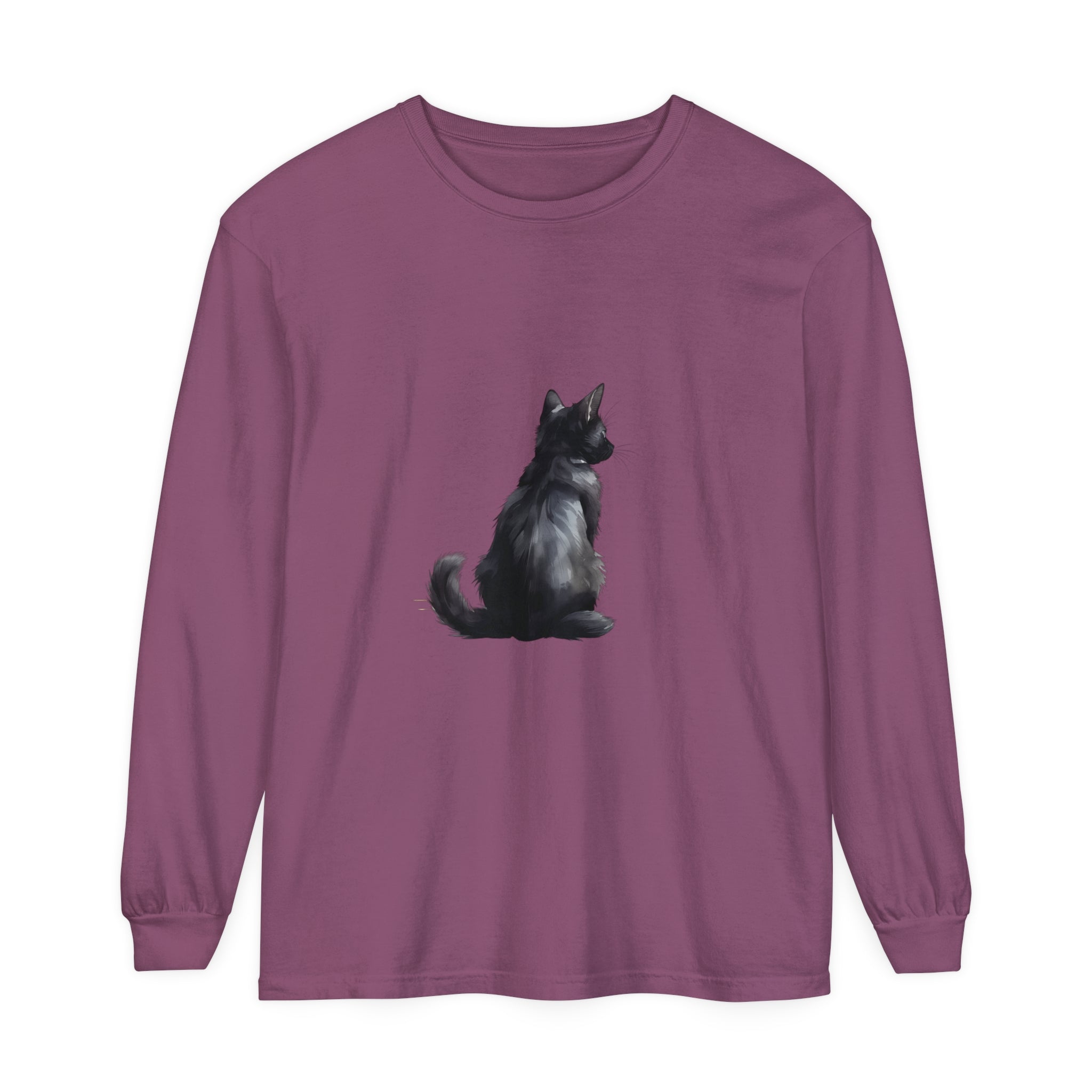 Black Cat Mystery unisex long sleeve tee in black with intricate cat design on front