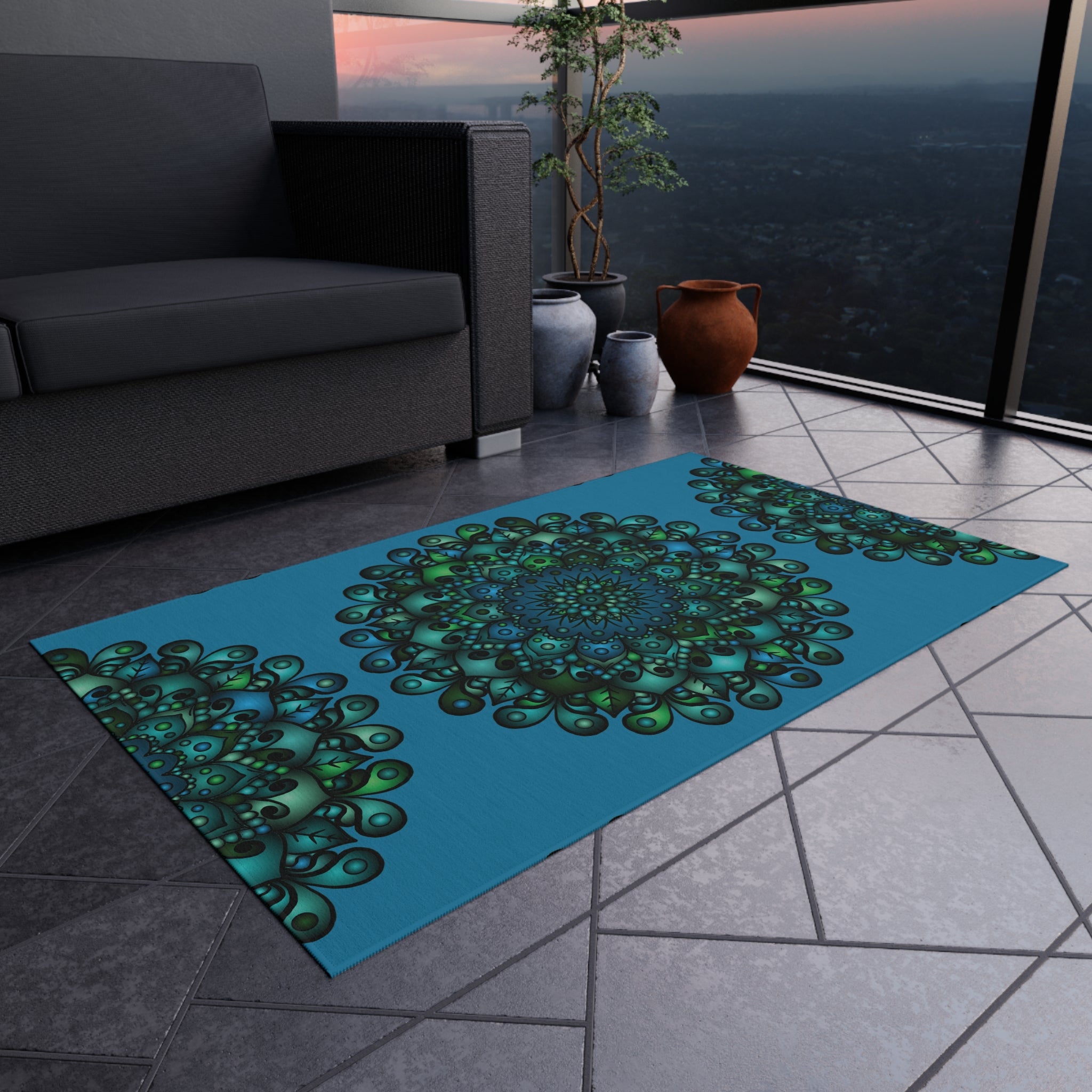 Tappeto da esterno Mandala blu e verde — Tappeto da patio resistente alle intemperie