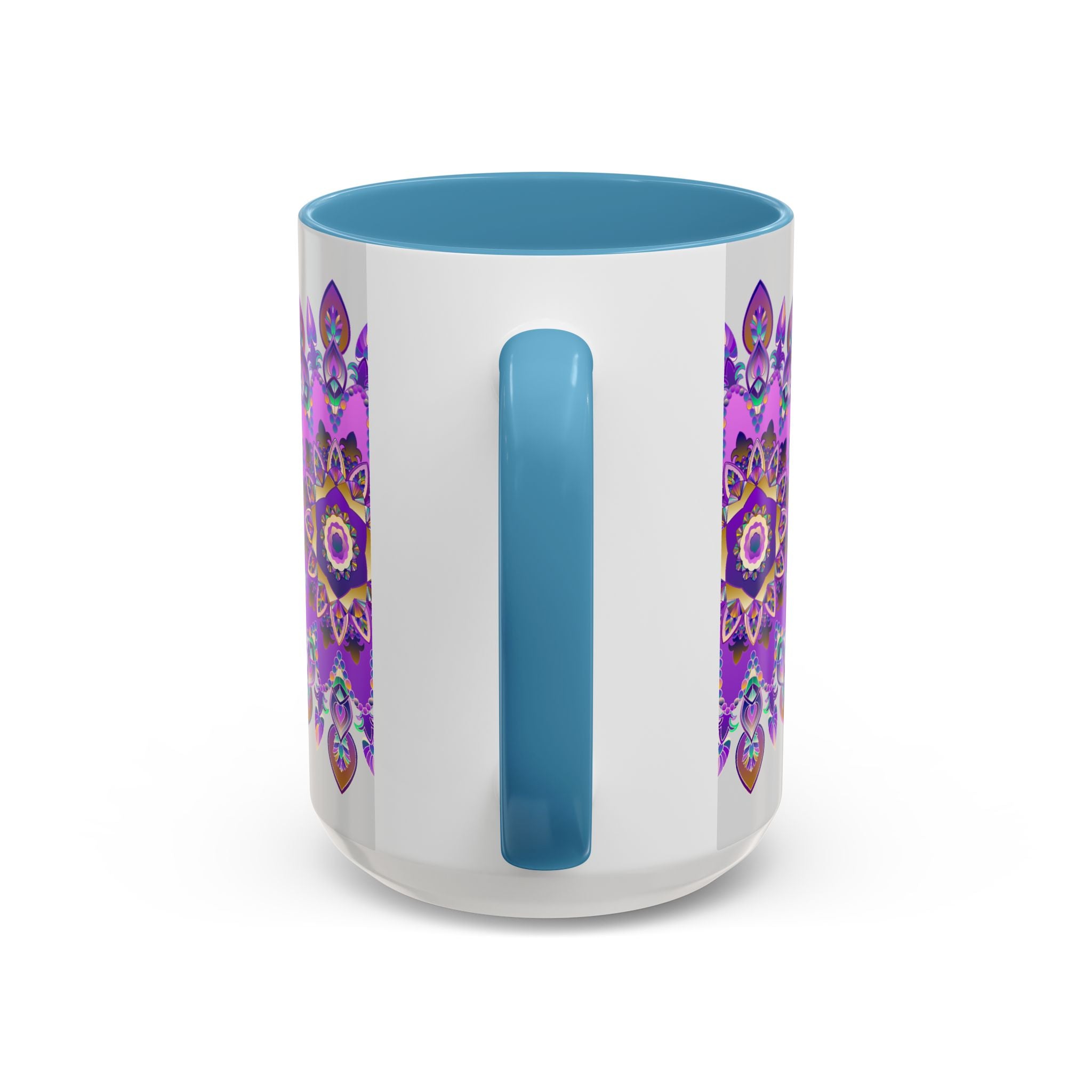 Artisanal mug featuring a hand-painted purple and gold mandala illustration