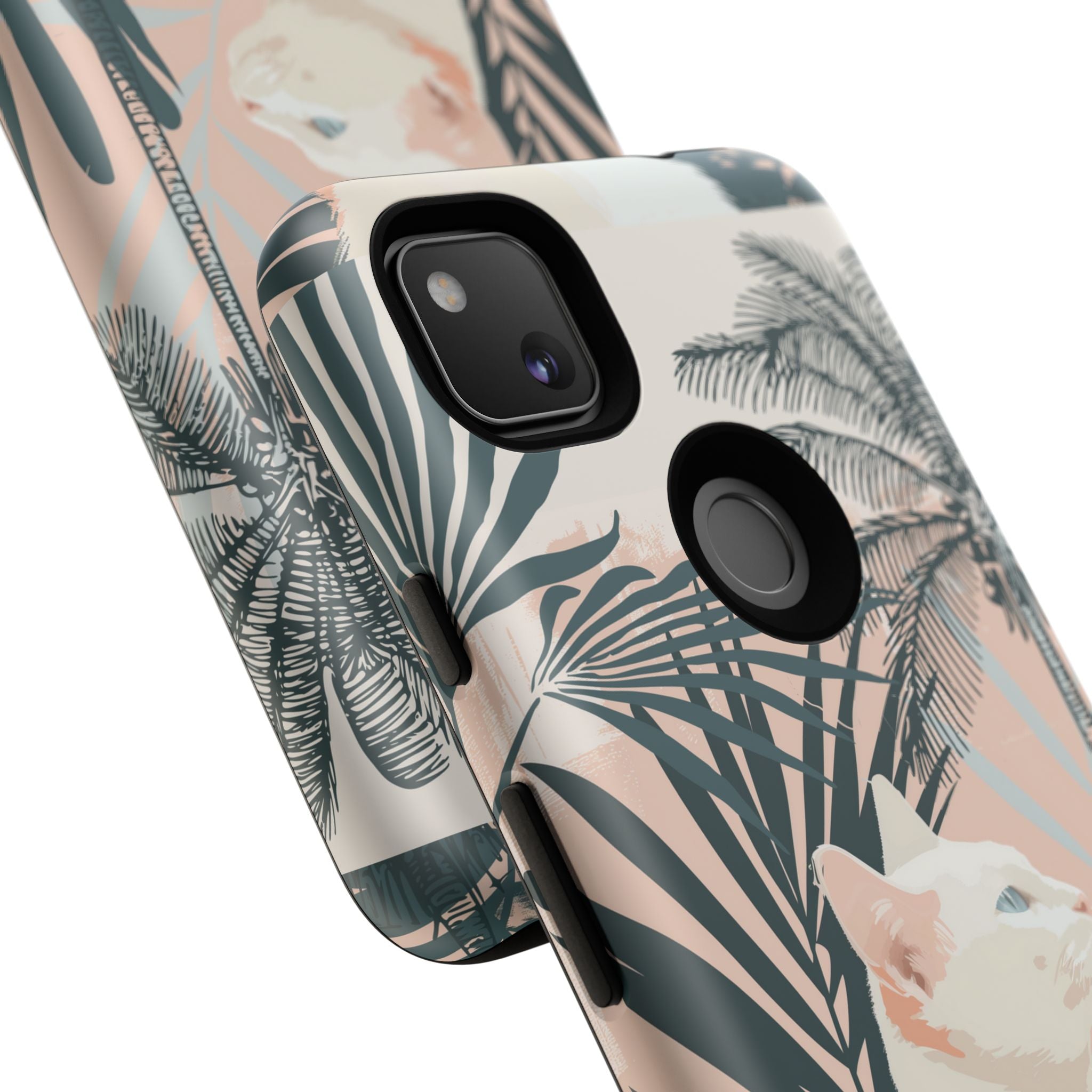 Tropical Cat Phone Case with Lush Palm Motifs and Soft Pastels