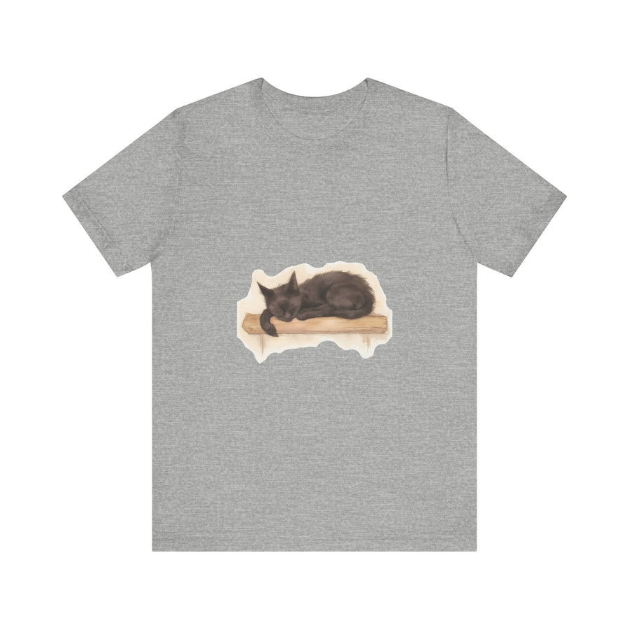 A cozy black cat sleeping peacefully in a watercolor design on a comfortable t-shirt