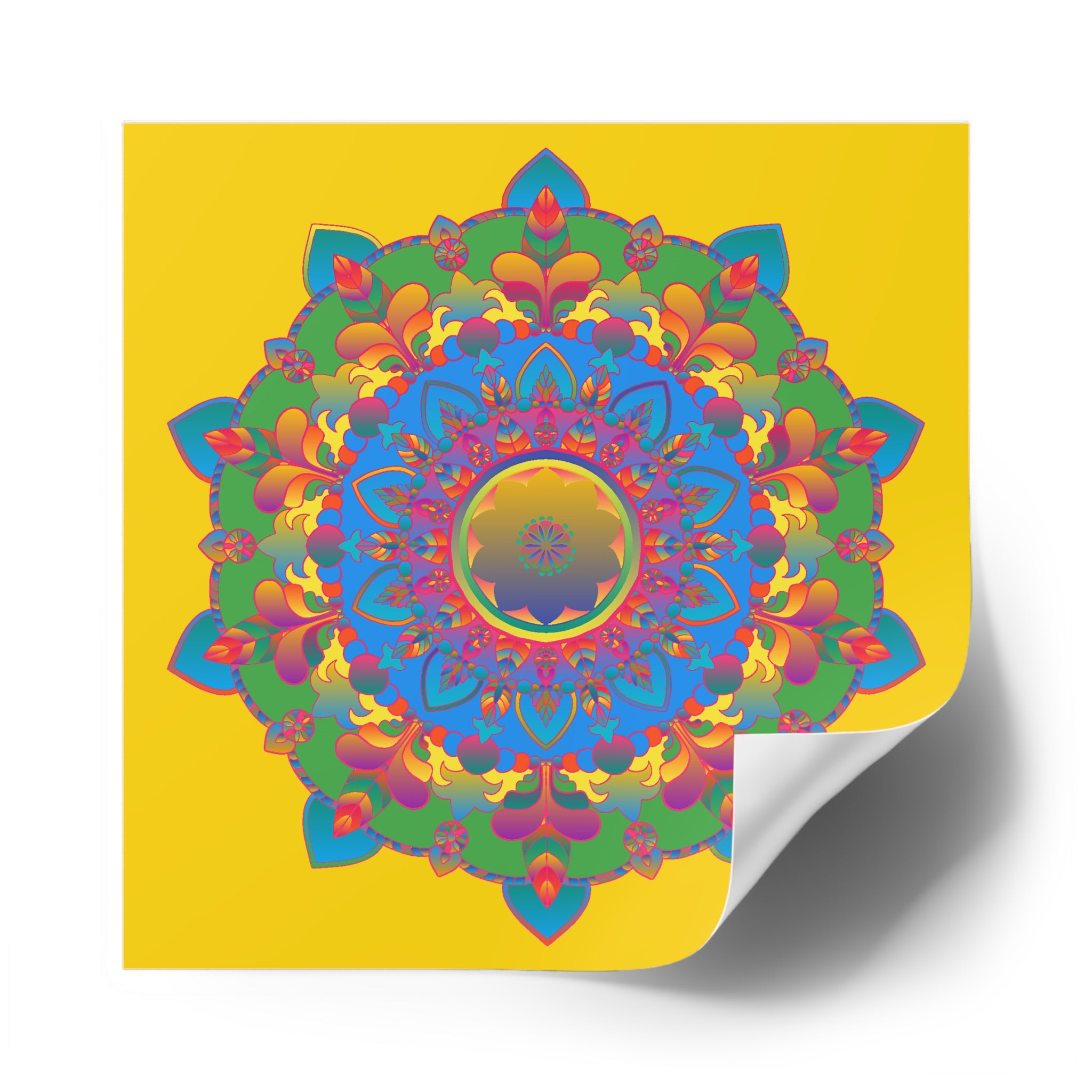 Handgezeichnete Mandala-Laminieraufkleber – Gold, Rot und Grün auf sonnengelbem Grund