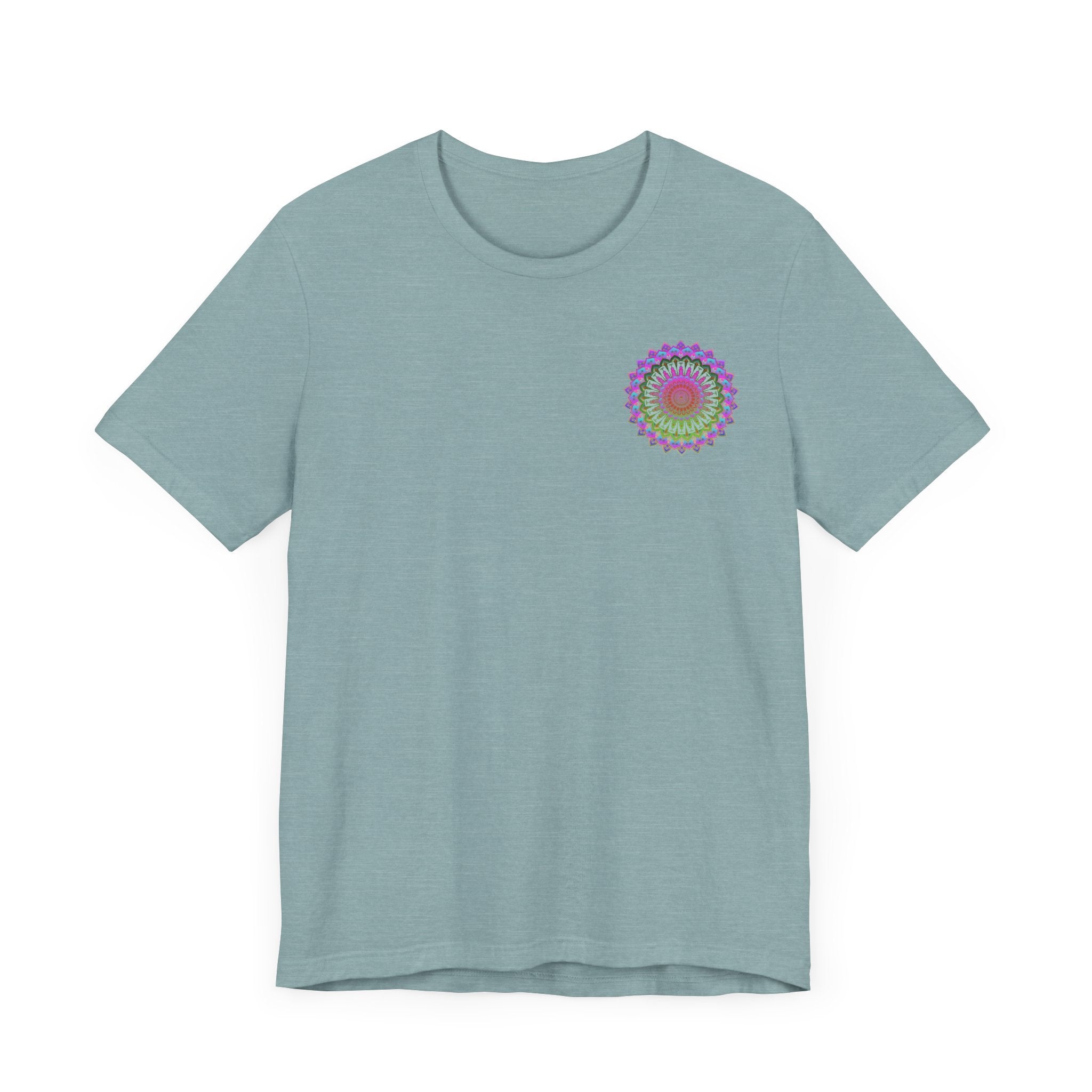 A beautiful t-shirt featuring a vibrant mandala design, symbolizing spiritual peace and harmony in a variety of colors and patterns
