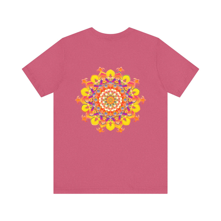 A vibrant, colorful mandala tee featuring intricate patterns, promoting spiritual peace and harmony through its eye-catching design