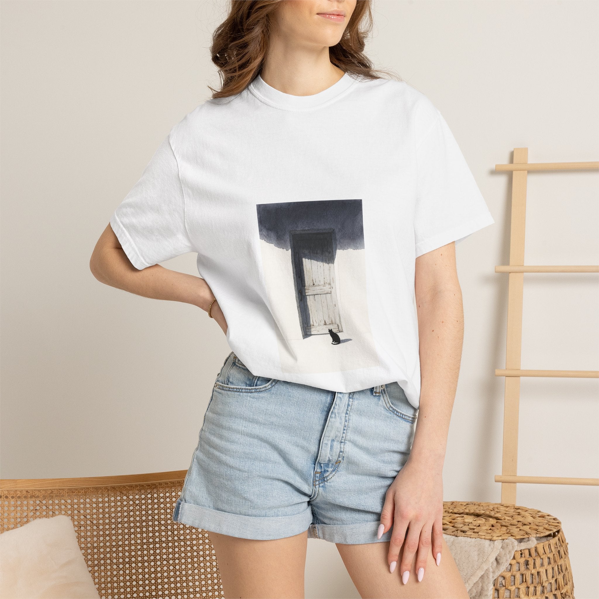 T-Shirt — Minimal Art Cat at Door Graphic Tee