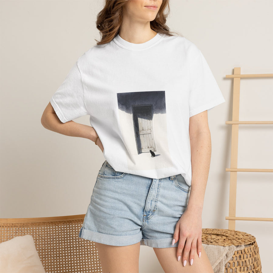 T-Shirt — Minimal Art Cat at Door Graphic Tee