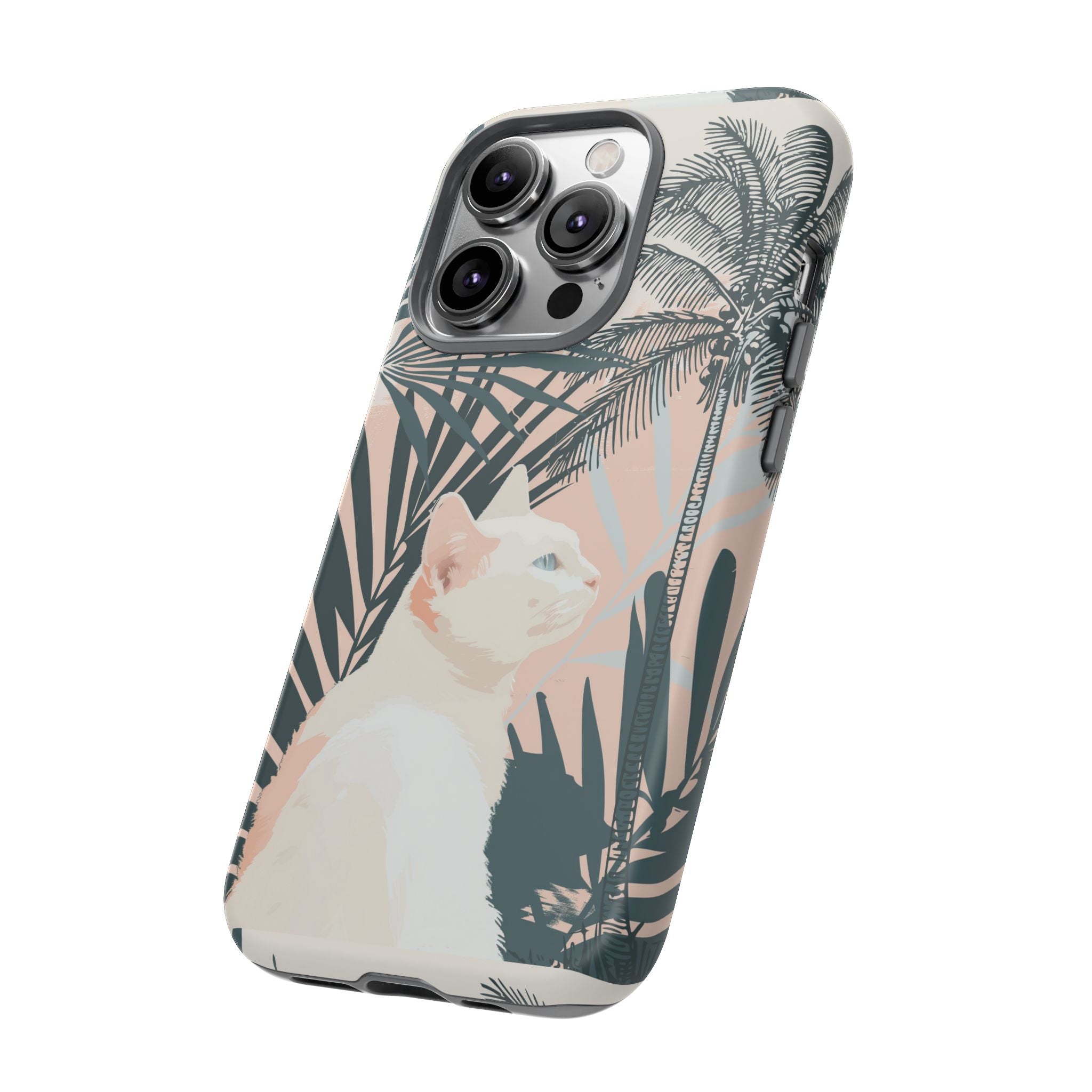 Tropical Cat Phone Case with Lush Palm Motifs and Soft Pastels