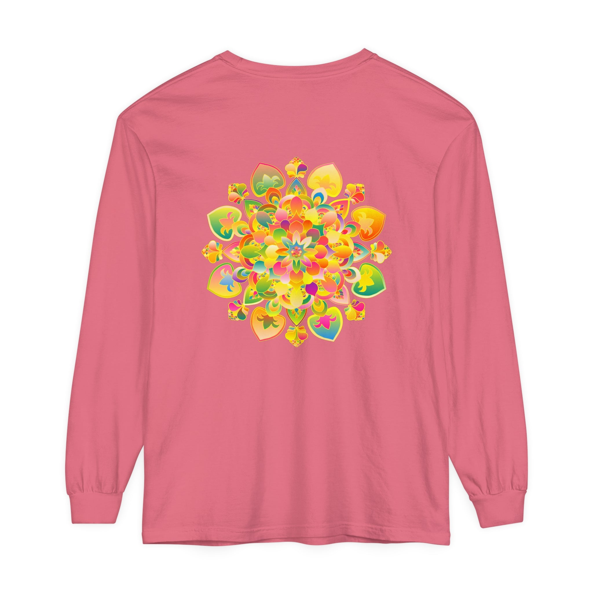 Colorful and intricate psychedelic mandala design on a long sleeve T-shirt