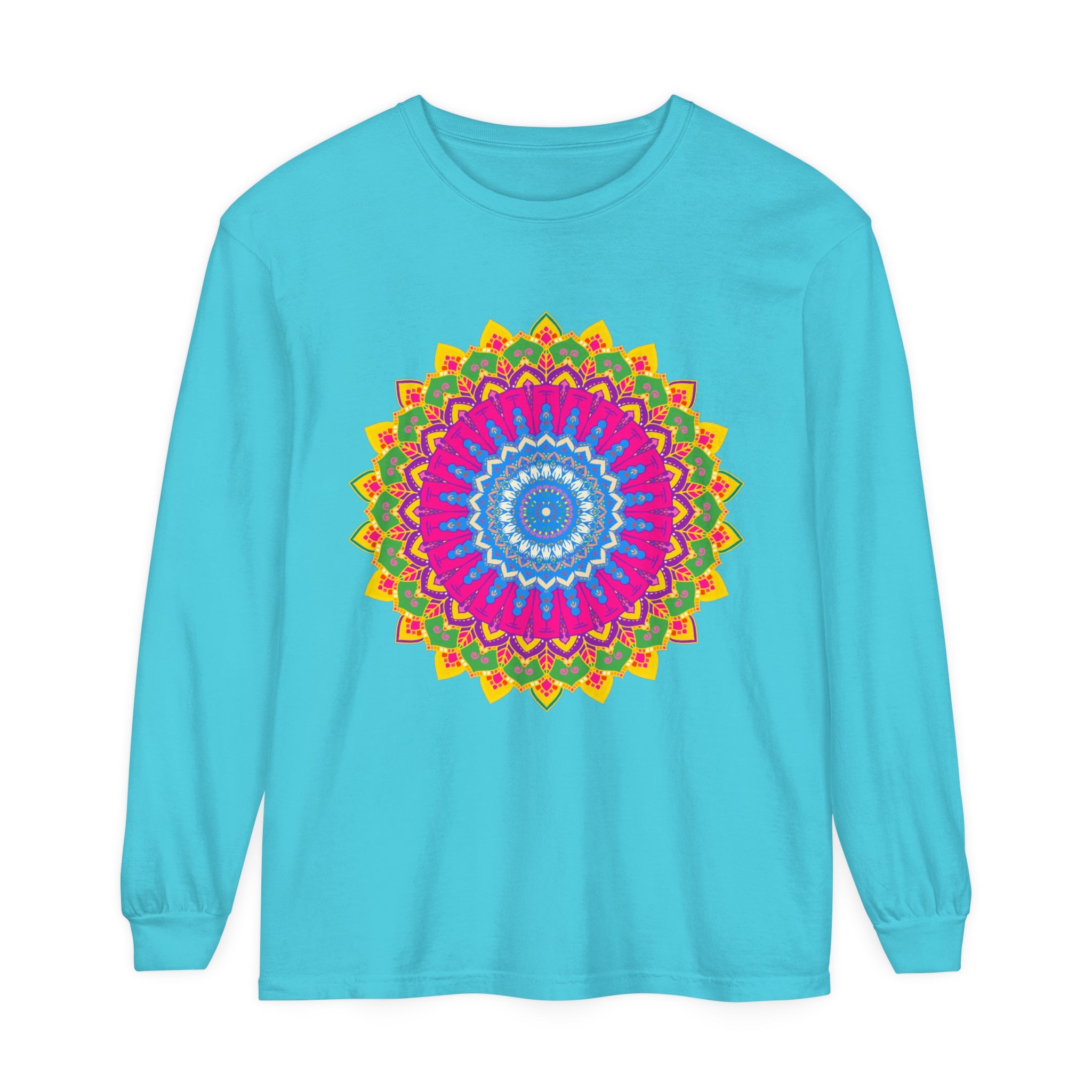 Colorful Unisex T-Shirt with Intricate Mandala Artwork on Long Sleeves